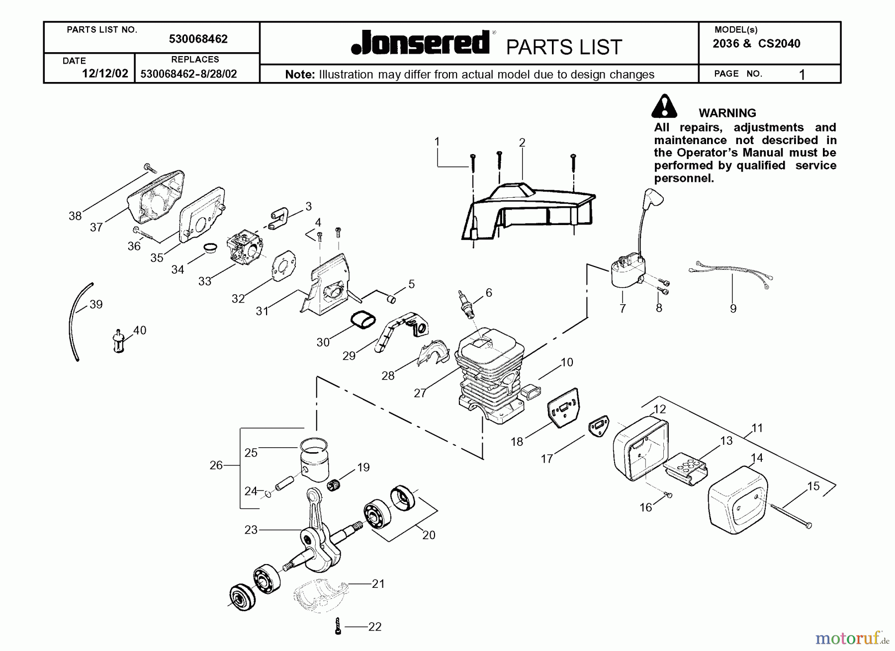  Jonsered Motorsägen CS2040 - Jonsered Chainsaw (2003-01) CYLINDER PISTON MUFFLER