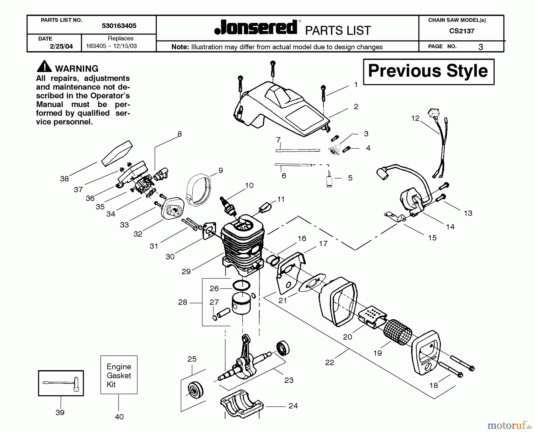 Jonsered Motorsägen CS2137 - Jonsered Chainsaw (2004-05) CYLINDER PISTON MUFFLER #2