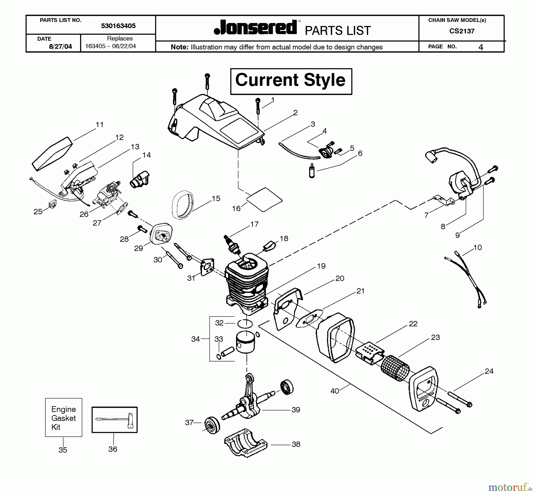 Jonsered Motorsägen CS2137 - Jonsered Chainsaw (2005-01) CYLINDER PISTON MUFFLER #2