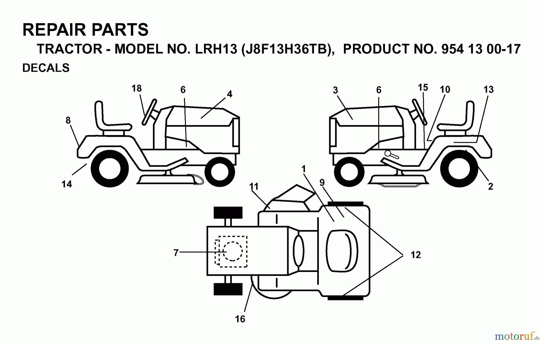 Jonsered Rasen und Garten Traktoren LRH13 (J8F13H36TB, 954130017) - Jonsered Lawn & Garden Tractor (1998-12) DECALS