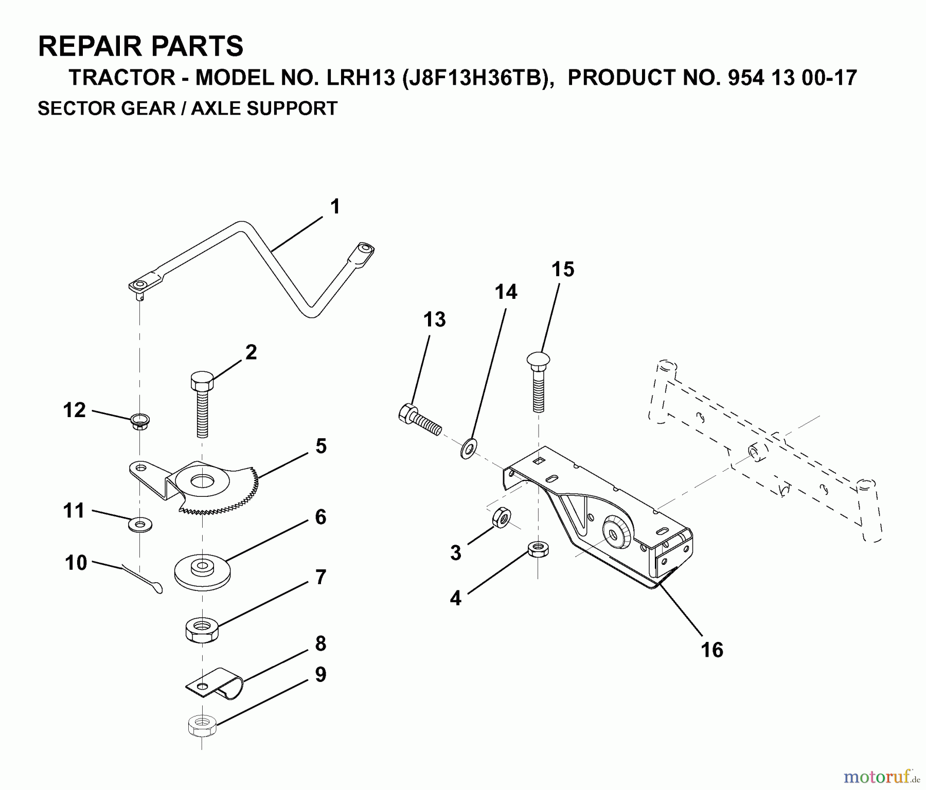  Jonsered Rasen  und Garten Traktoren LRH13 (J8F13H36TB, 954130017) - Jonsered Lawn & Garden Tractor (1998-12) SECTOR GEAR / AXLE SUPPORT