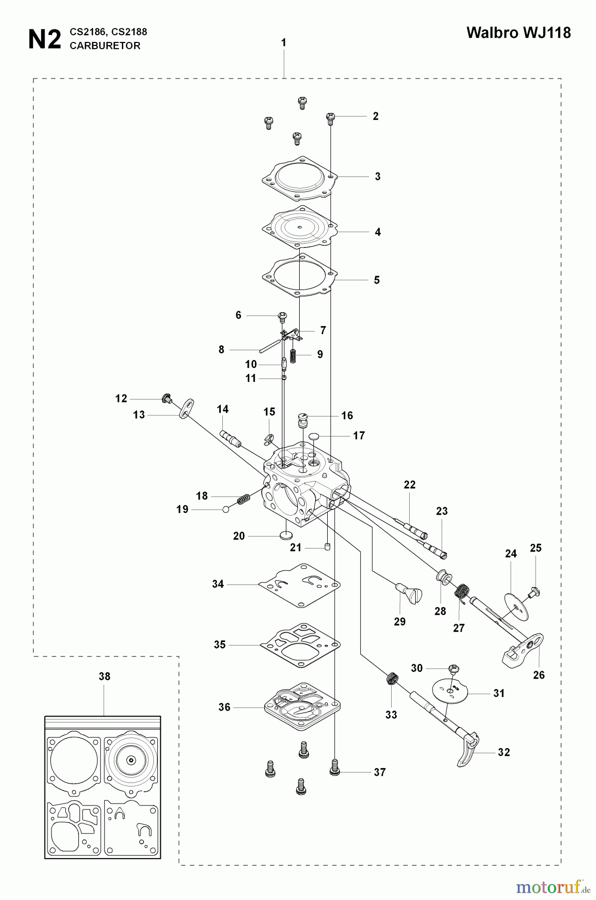 Jonsered Motorsägen CS2188 - Jonsered Chainsaw (2009-05) CARBURETOR DETAILS #1