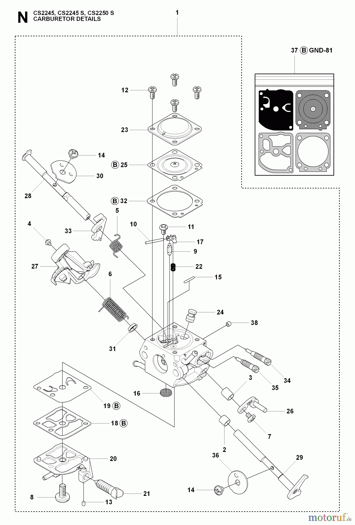 Jonsered Motorsägen CS2245 - Jonsered Chainsaw (2009-02) CARBURETOR DETAILS