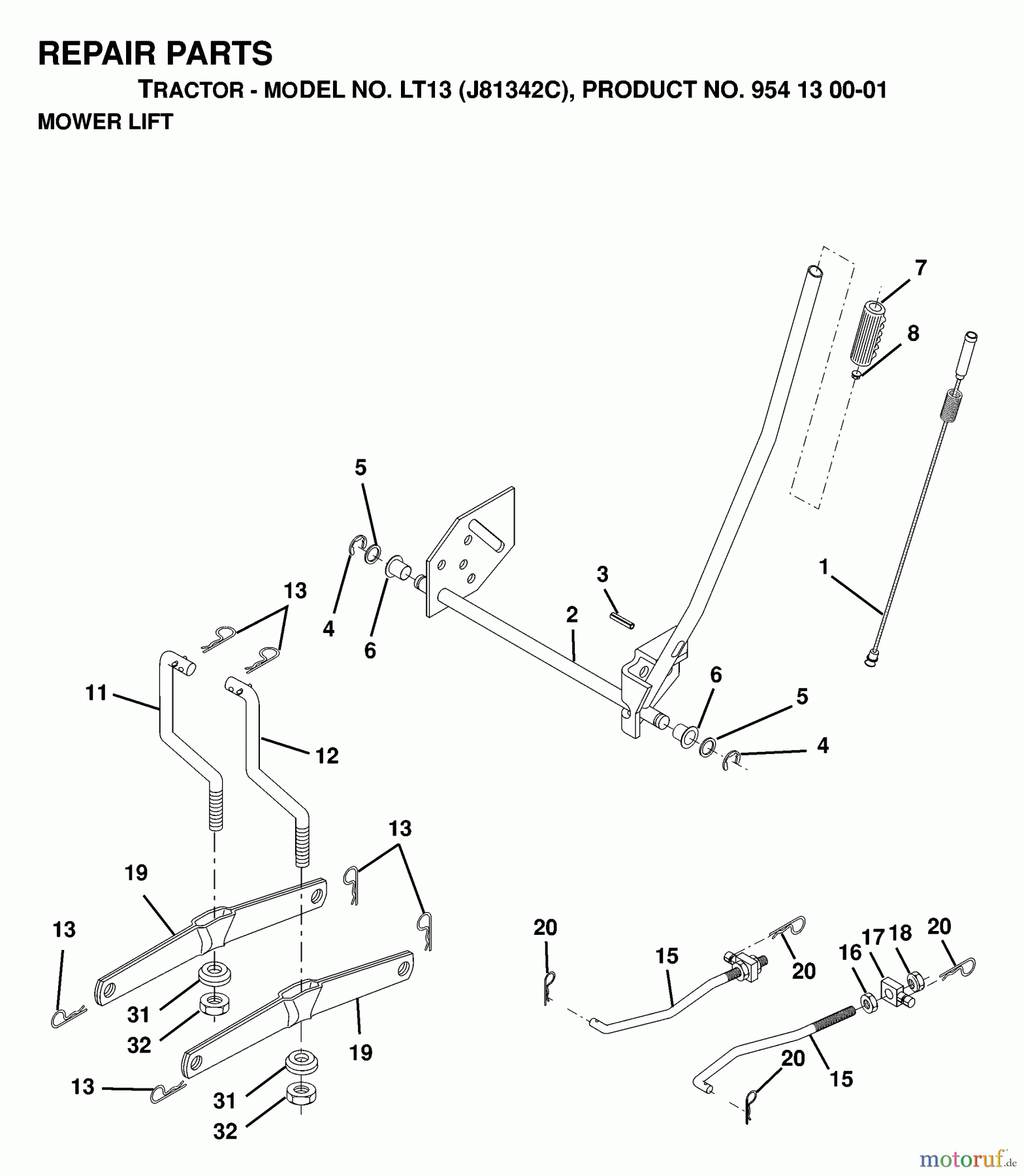 Jonsered Rasen und Garten Traktoren LT13 (J81342C, 954130001) - Jonsered Lawn & Garden Tractor (1998-12) MOWER LIFT / DECK LIFT