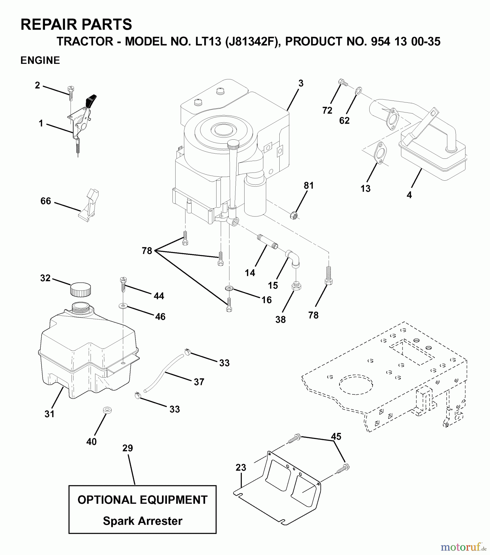 Jonsered Rasen und Garten Traktoren LT13 (J81342F, 954130035) - Jonsered Lawn & Garden Tractor (2000-04) ENGINE CUTTING EQUIPMENT