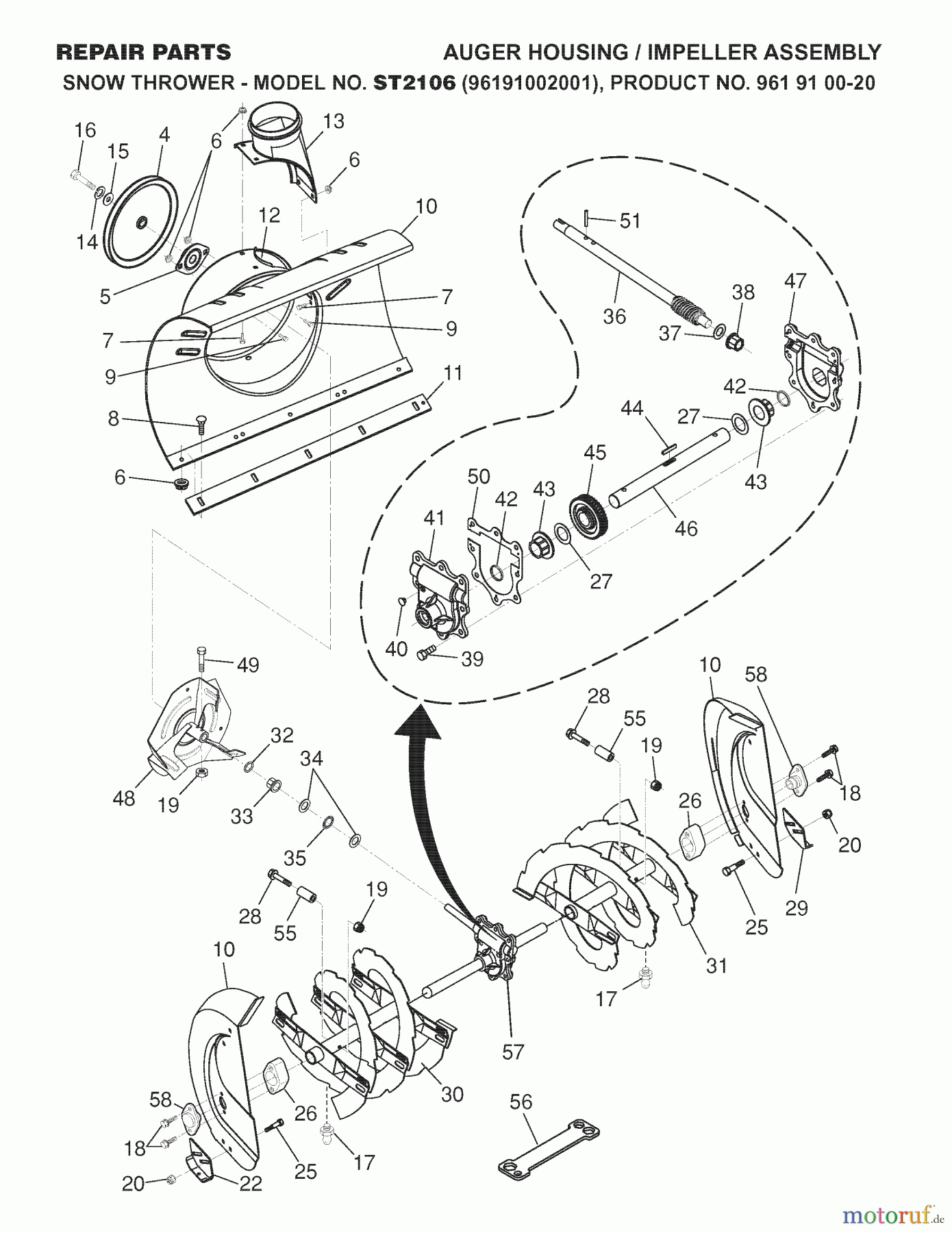 Jonsered Schneefräsen ST 2106 (96191002001) - Jonsered Snow Thrower (2007-10) AUGER HOUSING IMPELLER