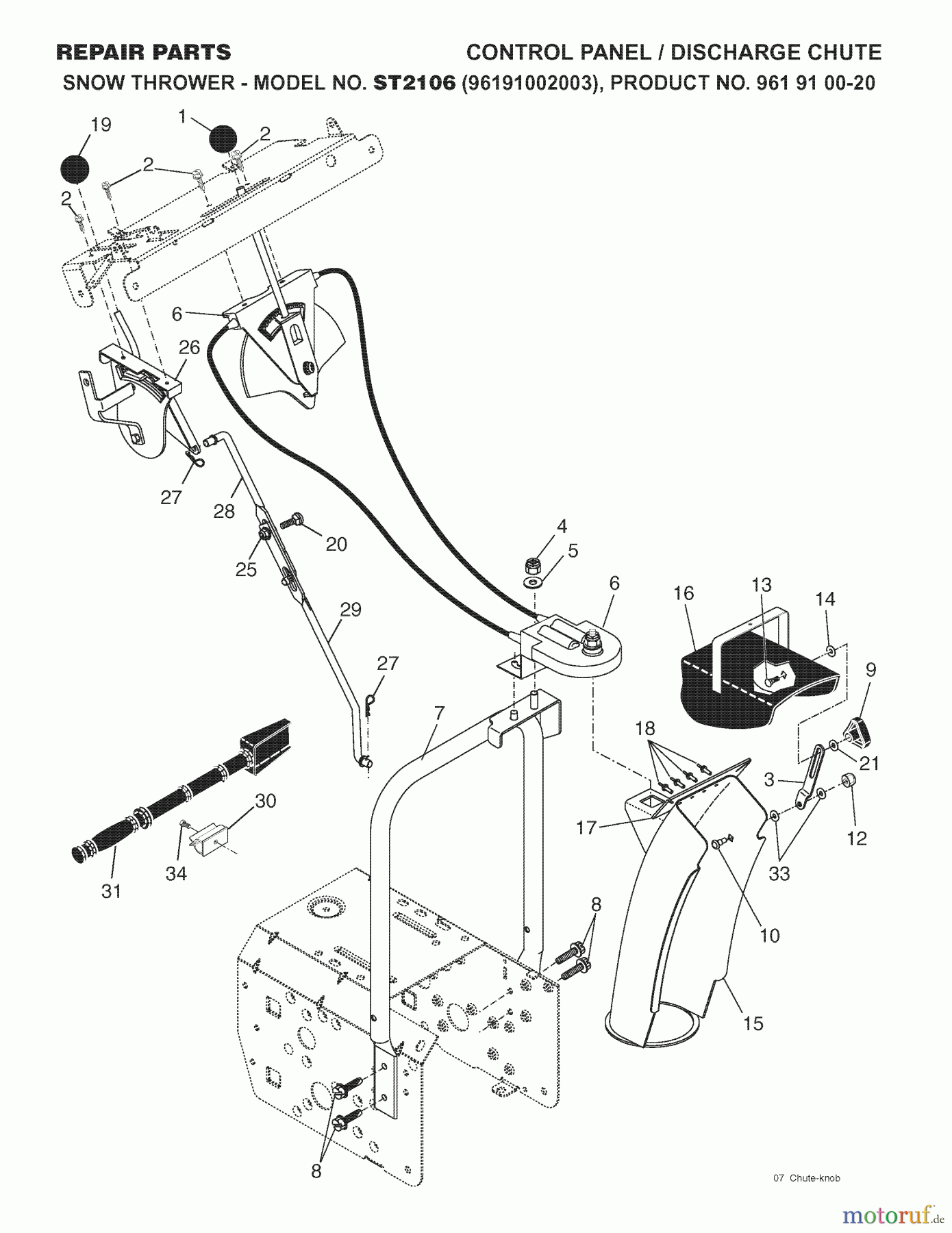 Jonsered Schneefräsen ST 2106 (96191002003) - Jonsered Snow Thrower (2007-10) CONTROL PANEL DISCHARGE CHUTE