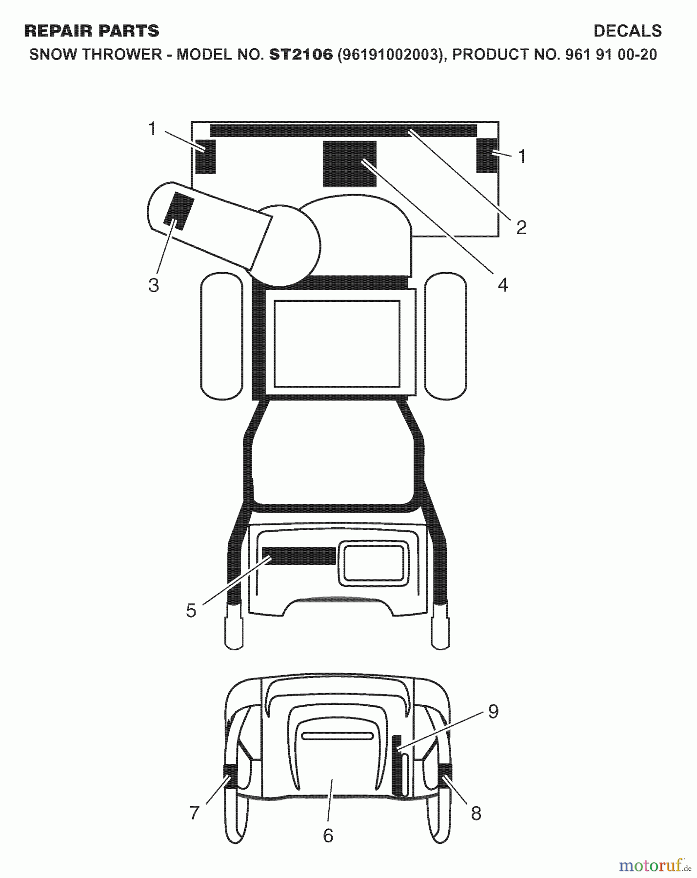 Jonsered Schneefräsen ST 2106 (96191002003) - Jonsered Snow Thrower (2007-10) DECALS