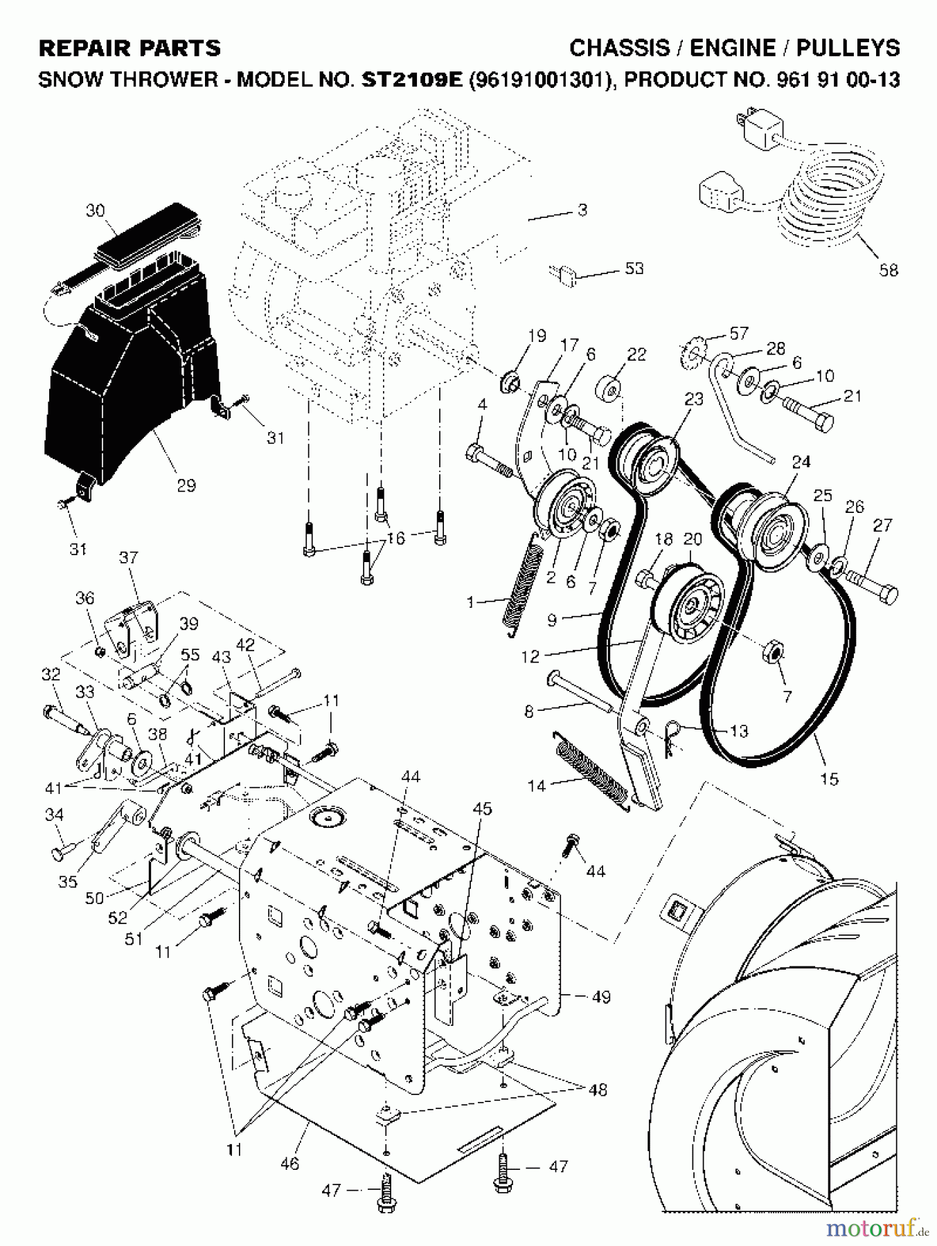 Jonsered Schneefräsen ST 2109 E (96191001301) - Jonsered Snow Thrower (2007-01) CHASSIS ENGINE PULLEYS