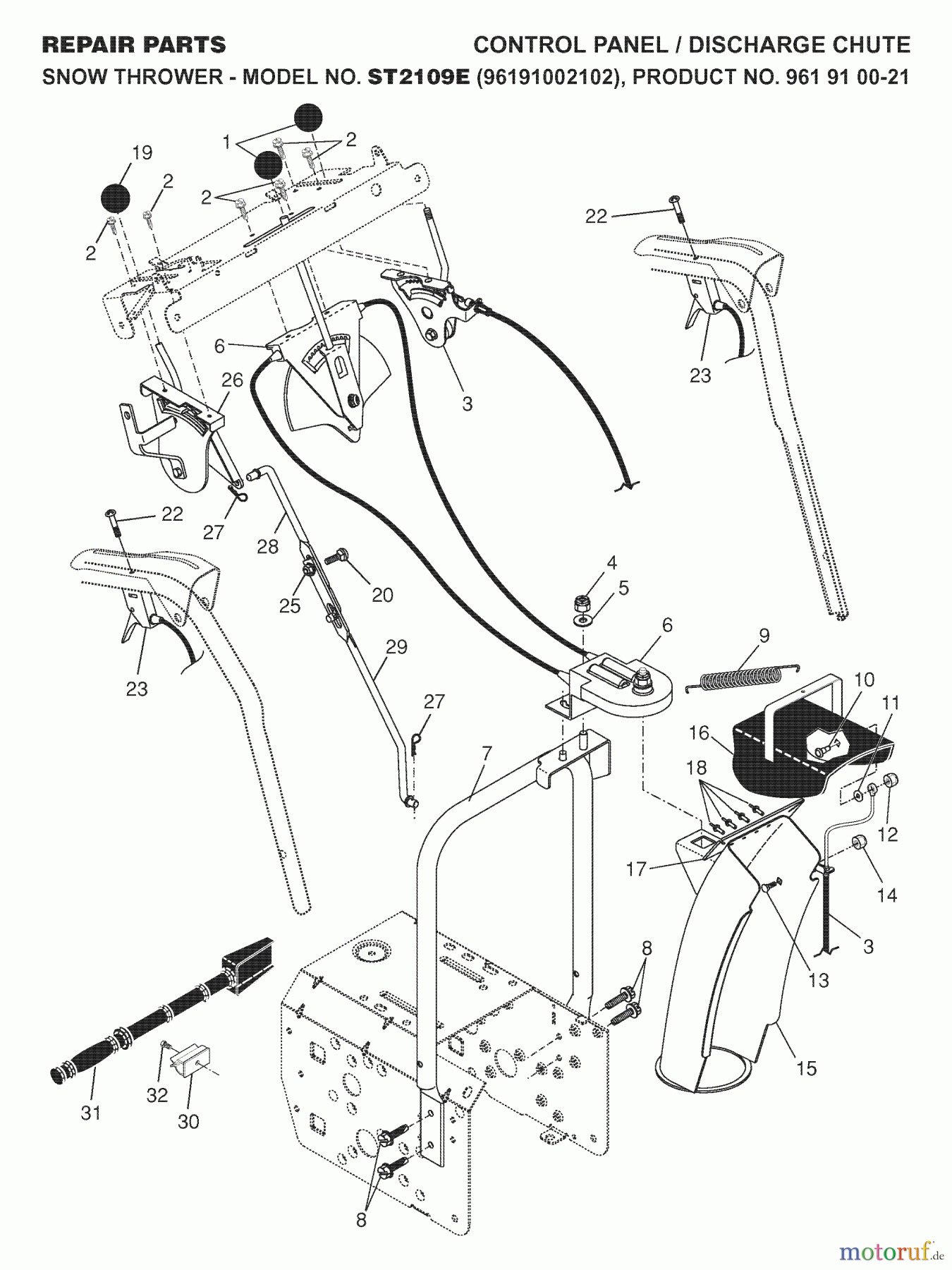 Jonsered Schneefräsen ST 2109 E (96191002102) - Jonsered Snow Thrower (2007-10) CONTROL PANEL DISCHARGE CHUTE