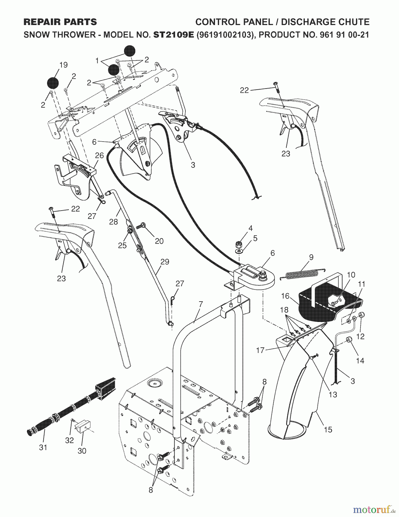 Jonsered Schneefräsen ST 2109 E (96191002103) - Jonsered Snow Thrower (2007-10) CONTROL PANEL DISCHARGE CHUTE
