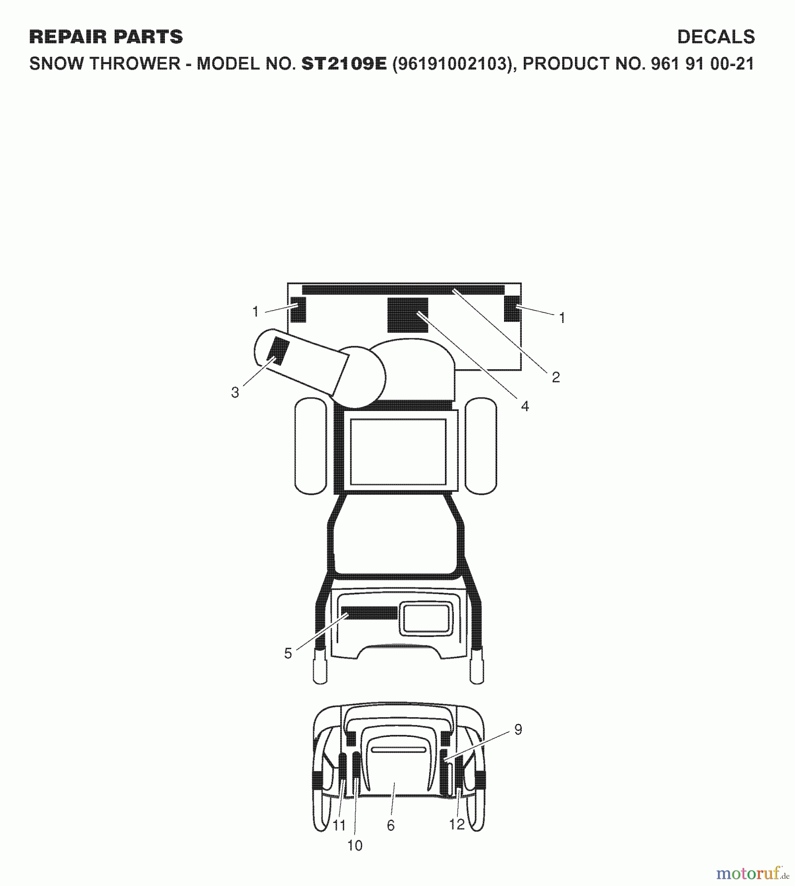 Jonsered Schneefräsen ST 2109 E (96191002103) - Jonsered Snow Thrower (2007-10) DECALS