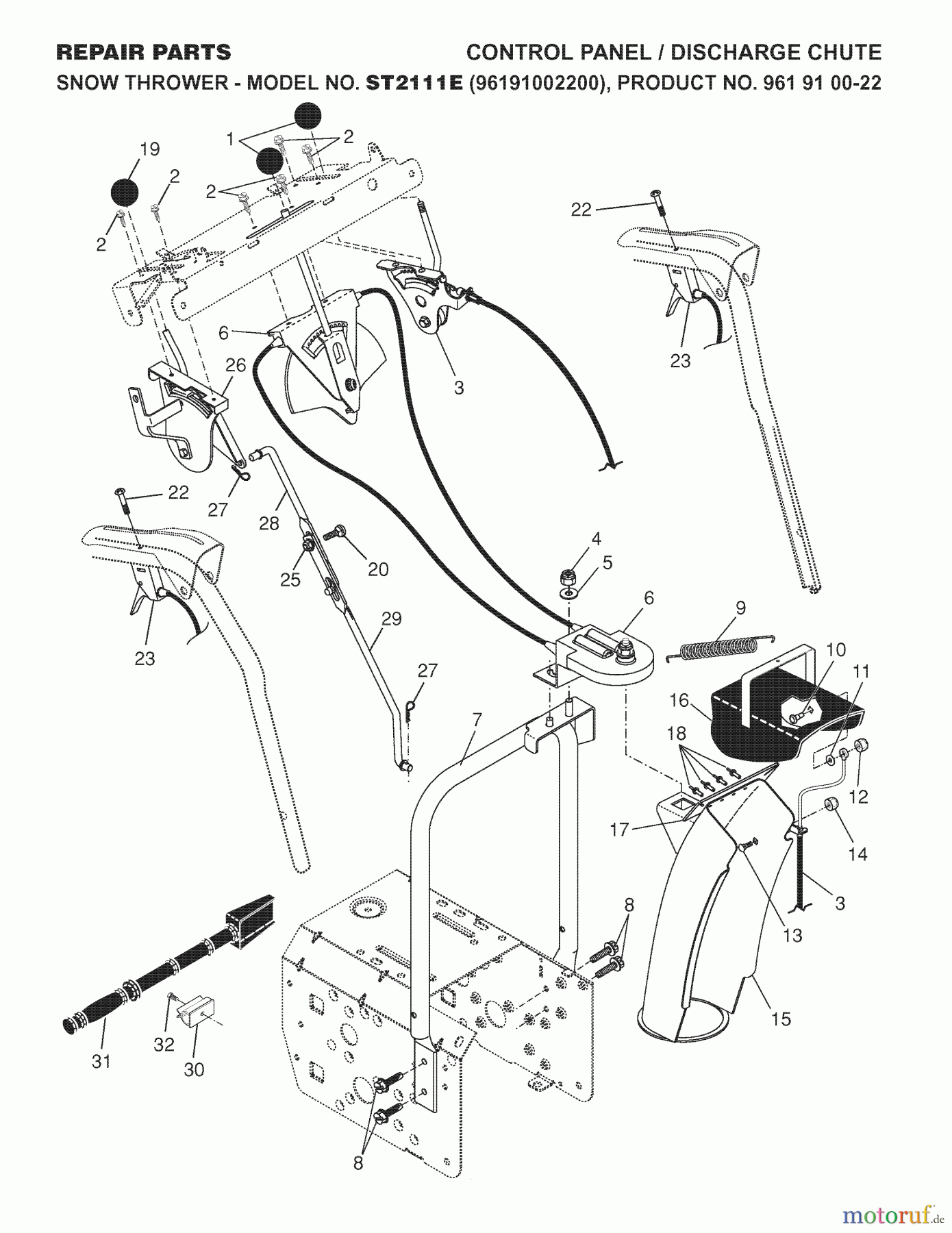 Jonsered Schneefräsen ST 2111 E (96191002200) - Jonsered Snow Thrower (2007-07) CONTROL PANEL DISCHARGE CHUTE