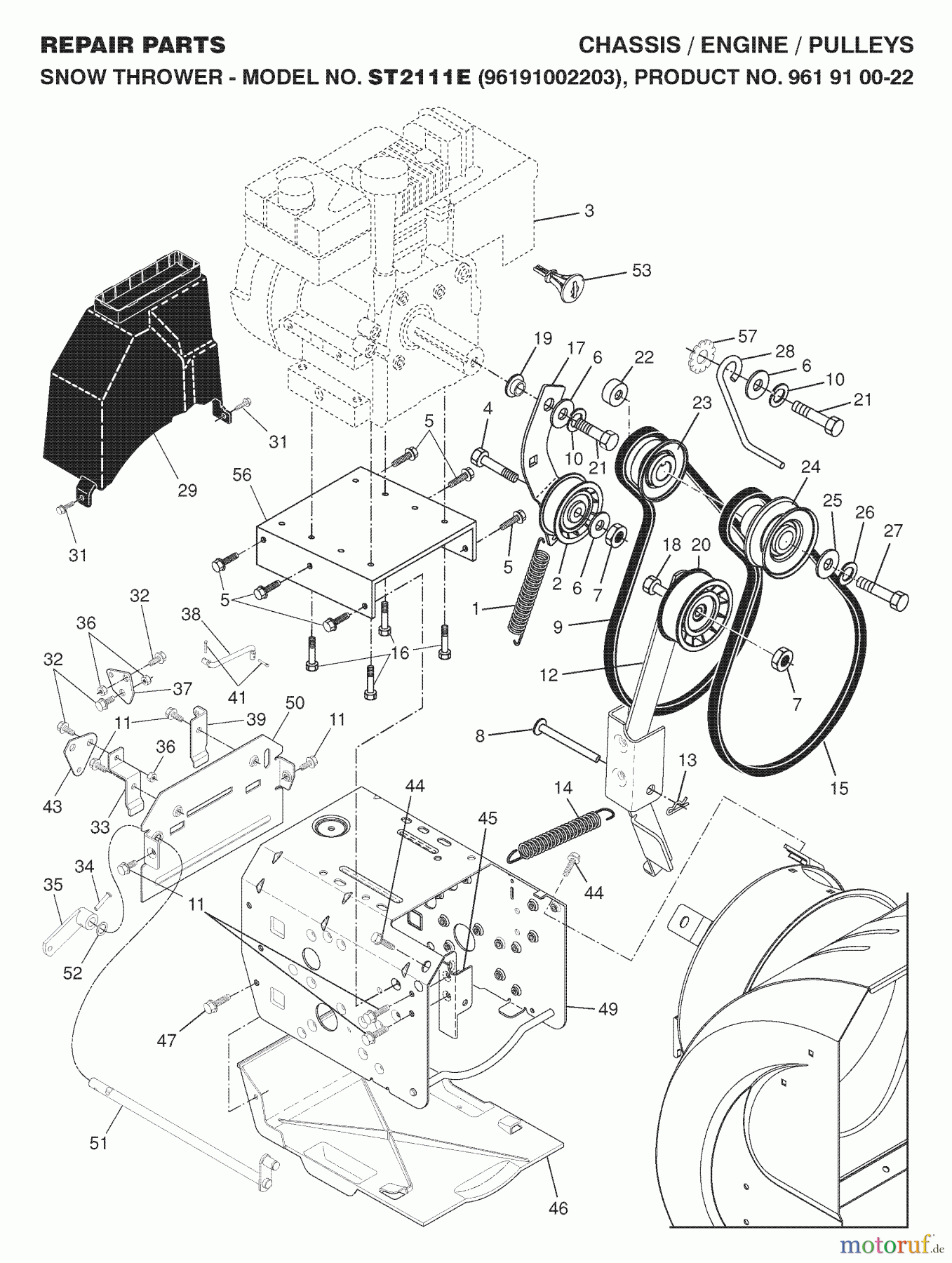 Jonsered Schneefräsen ST 2111 E (96191002203) - Jonsered Snow Thrower (2008-02) CHASSIS ENGINE PULLEYS