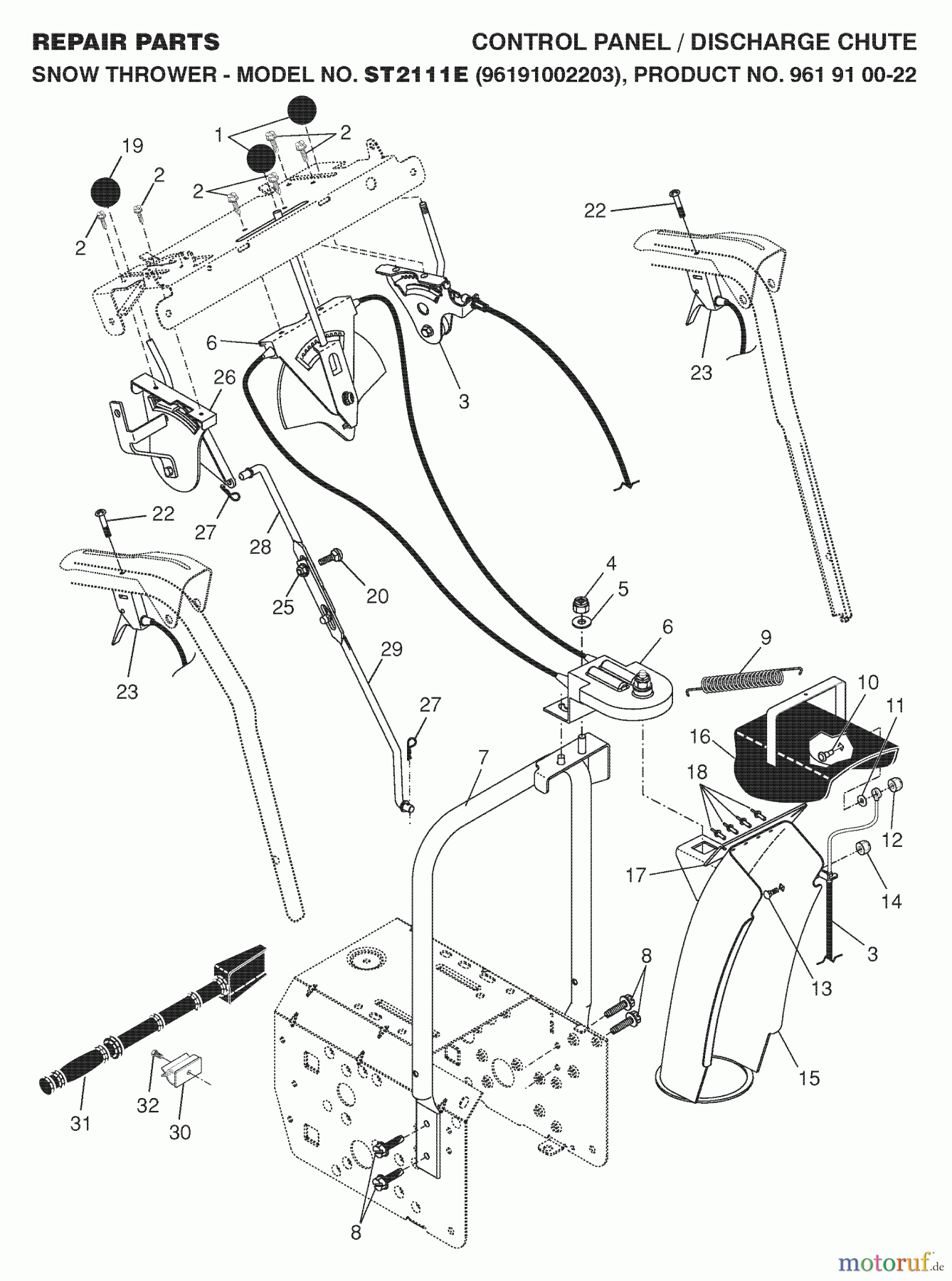 Jonsered Schneefräsen ST 2111 E (96191002203) - Jonsered Snow Thrower (2008-02) CONTROL PANEL DISCHARGE CHUTE
