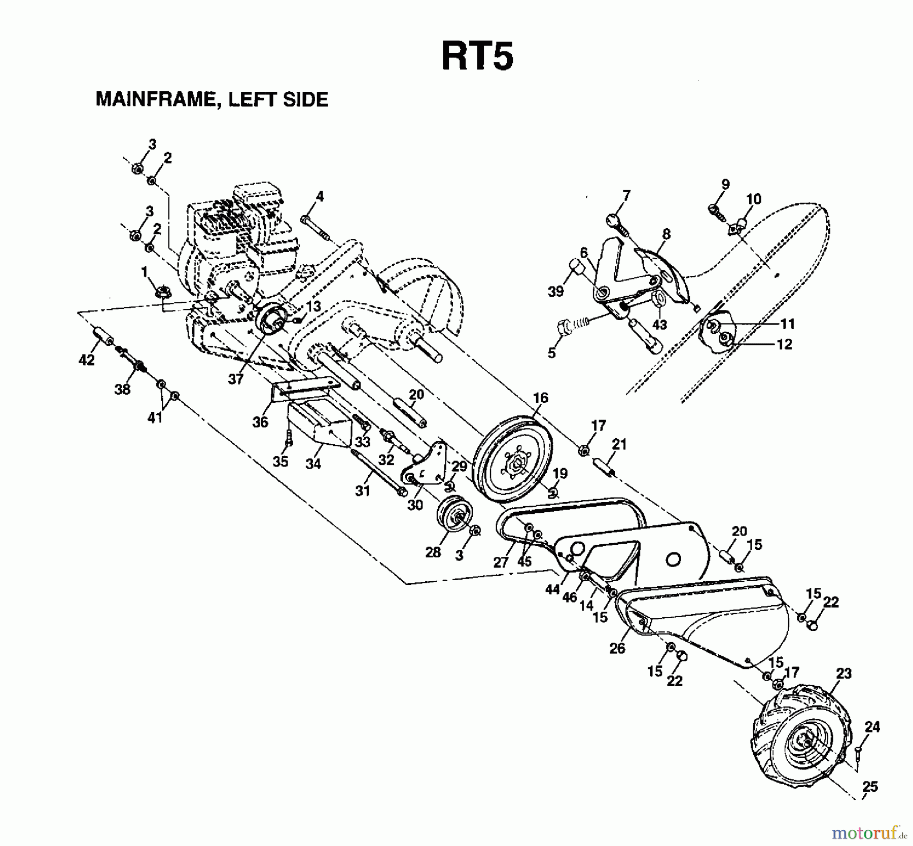 Jonsered Motorhacken / Kultivierer RT5 (954003451) - Jonsered Rear-Tine Tiller (1997-01) MAINFRAME LEFT SIDE