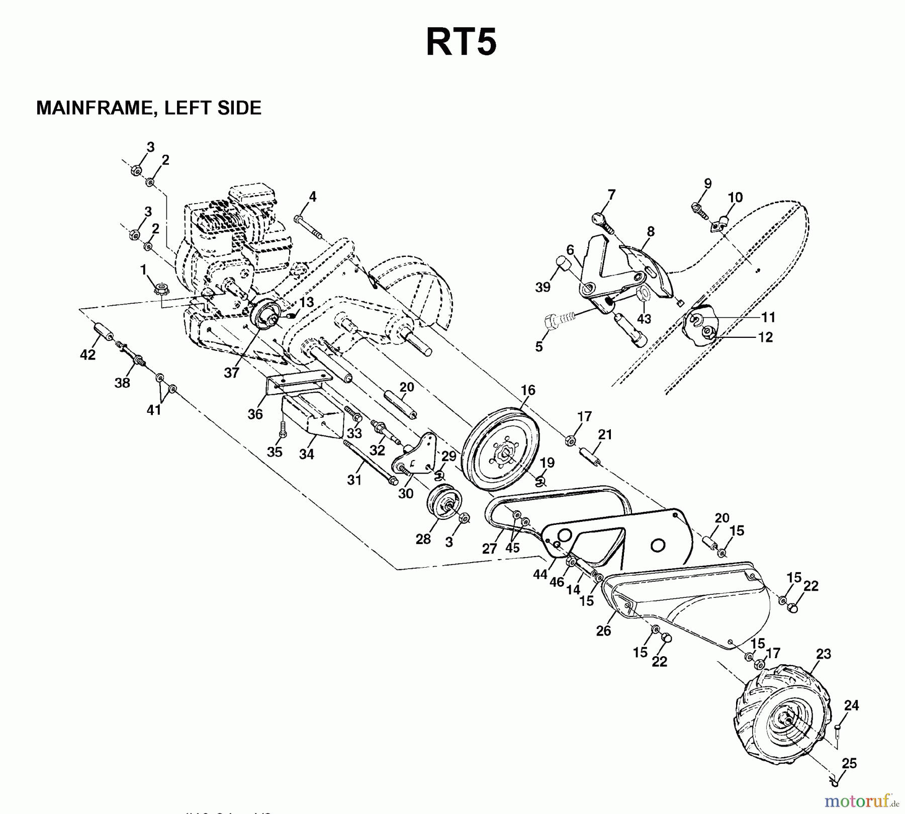 Jonsered Motorhacken / Kultivierer RT5 - Jonsered Rear-Tine Tiller (1998-04) MAINFRAME LEFT SIDE