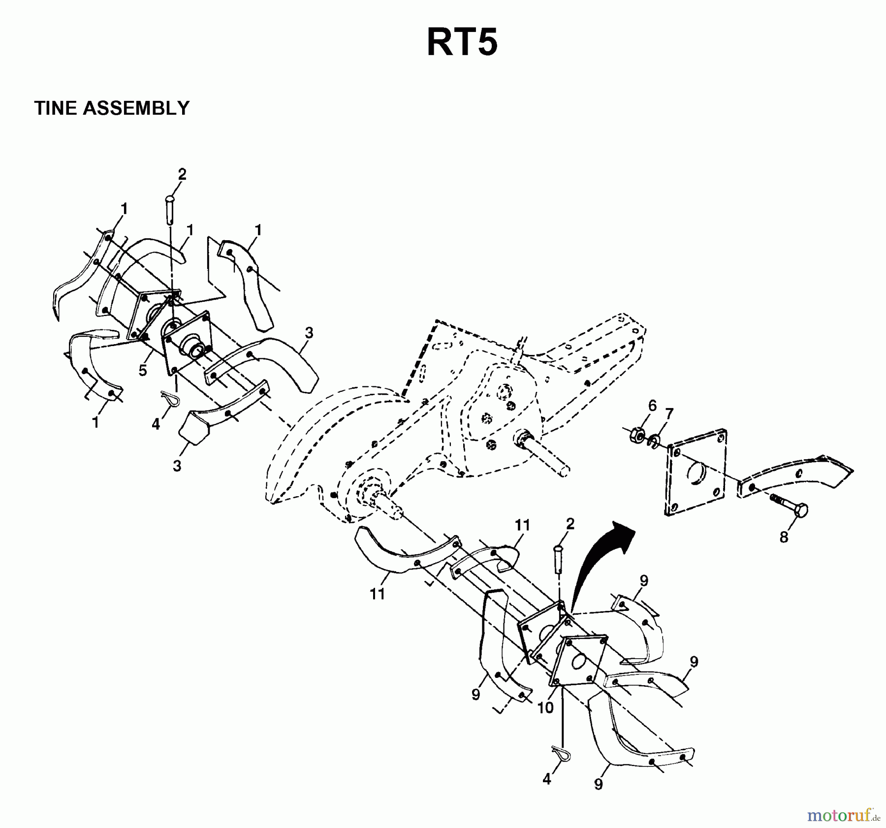 Jonsered Motorhacken / Kultivierer RT5 - Jonsered Rear-Tine Tiller (1998-04) TINE ASSEMBLY