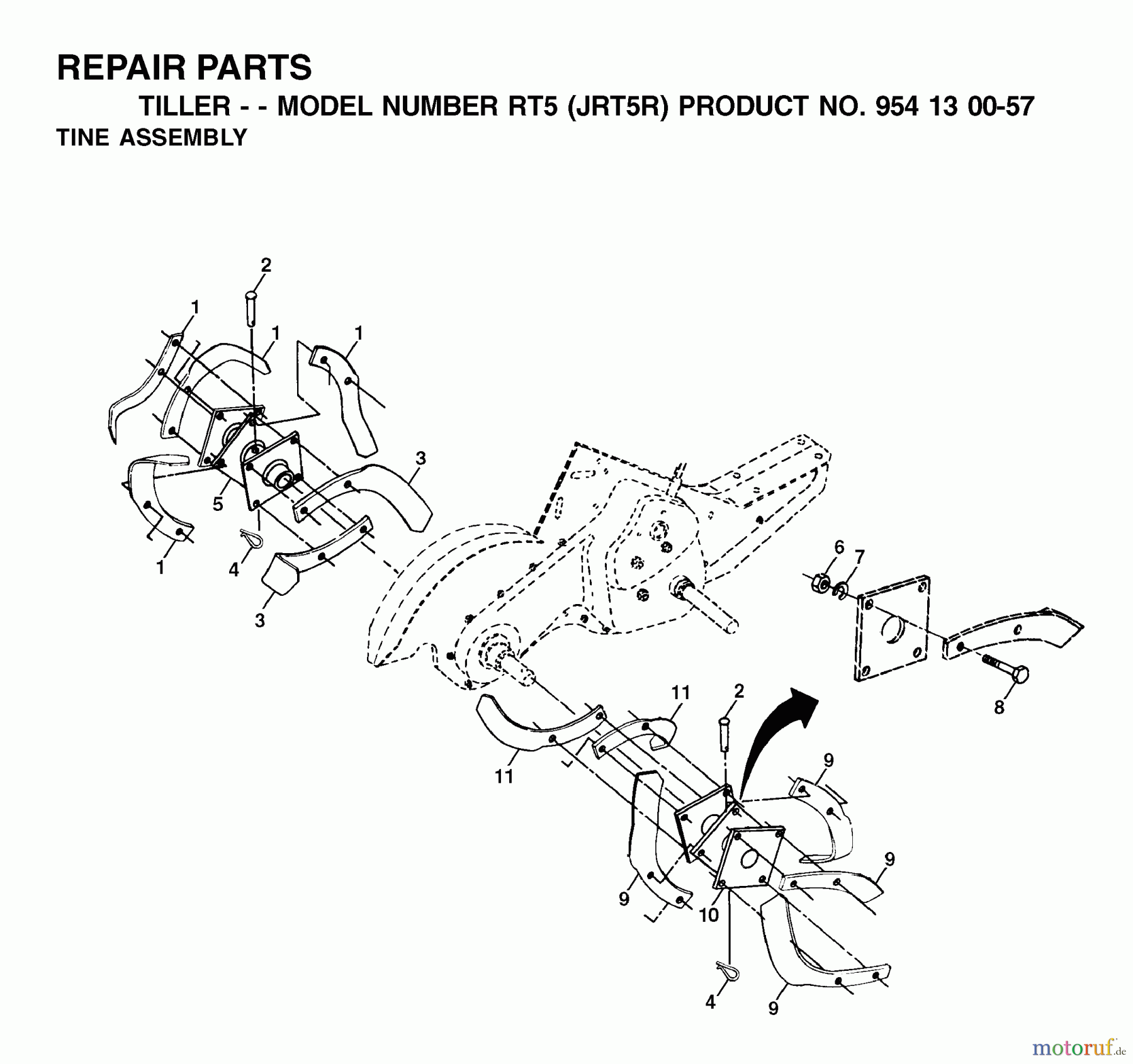 Jonsered Motorhacken / Kultivierer RT5 (JRT5R, 954130057) - Jonsered Rear-Tine Tiller (2002-02) TINE ASSEMBLY