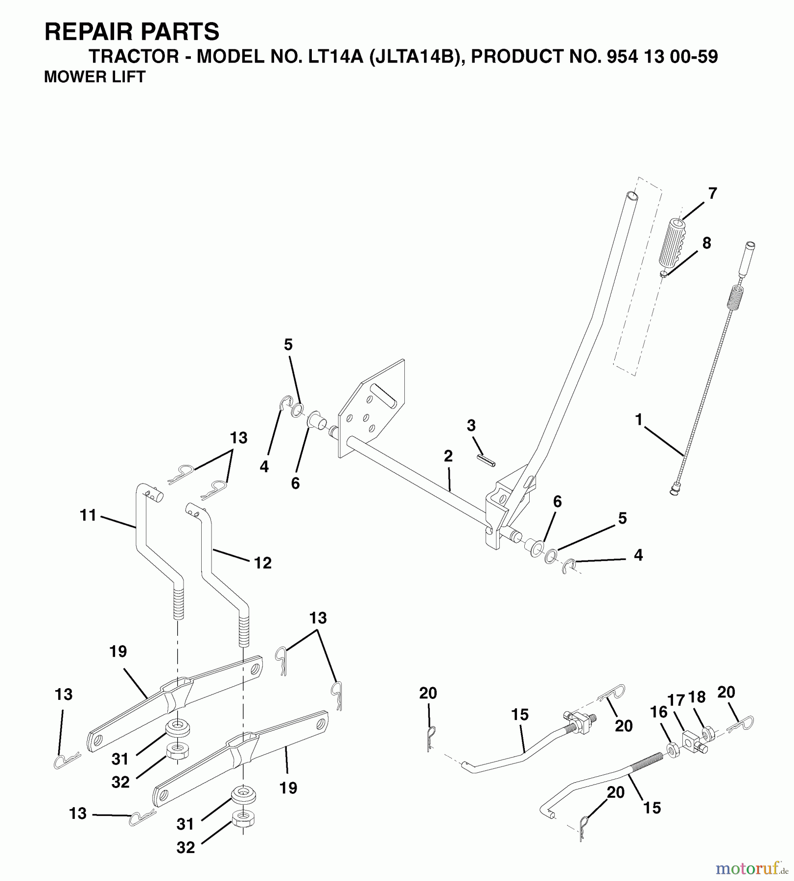  Jonsered Rasen  und Garten Traktoren LT14A (JLTA14B, 954130059) - Jonsered Lawn & Garden Tractor (2003-01) MOWER LIFT / DECK LIFT