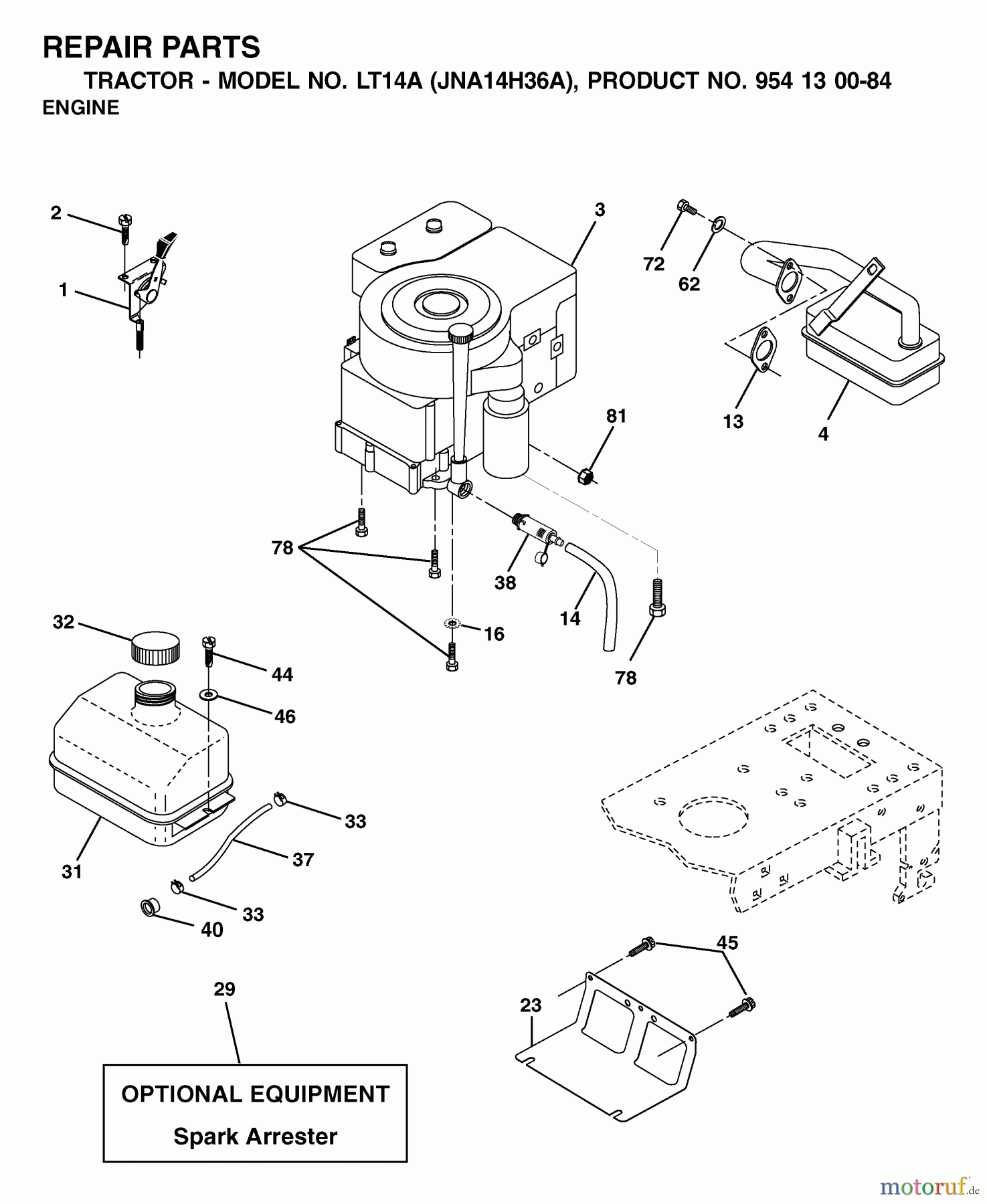 Jonsered Rasen und Garten Traktoren LT14A (JNA14H36A, 954130084) - Jonsered Lawn & Garden Tractor (2003-01) ENGINE CUTTING EQUIPMENT