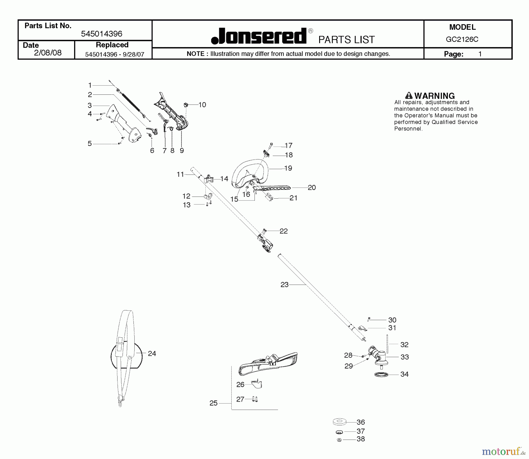 Jonsered Motorsensen, Trimmer GC2126C - Jonsered String/Brush Trimmer (2008-06) SHAFT HANDLE