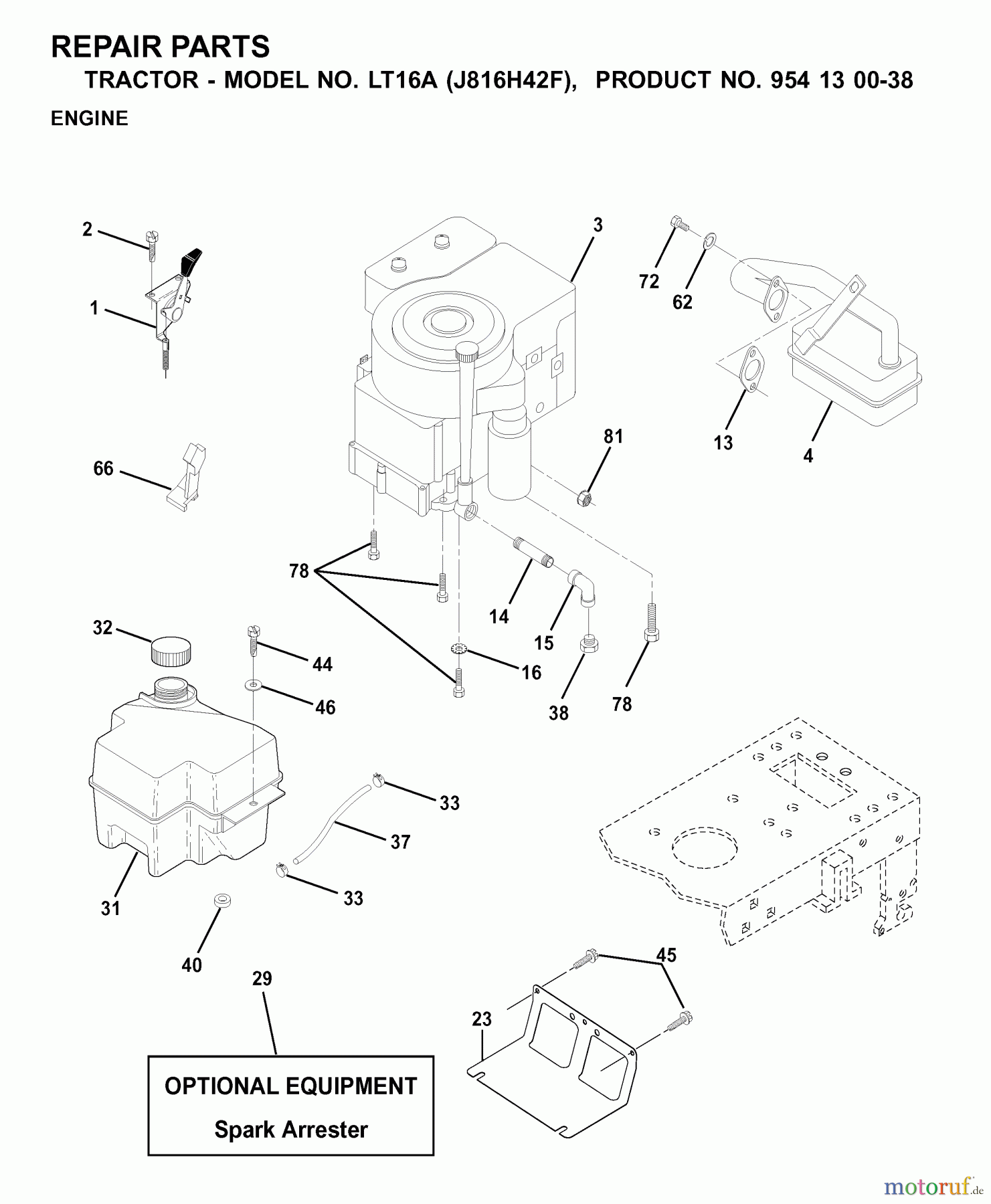 Jonsered Rasen und Garten Traktoren LT16A (J816H42F, 954130038) - Jonsered Lawn & Garden Tractor (2000-03) ENGINE CUTTING EQUIPMENT