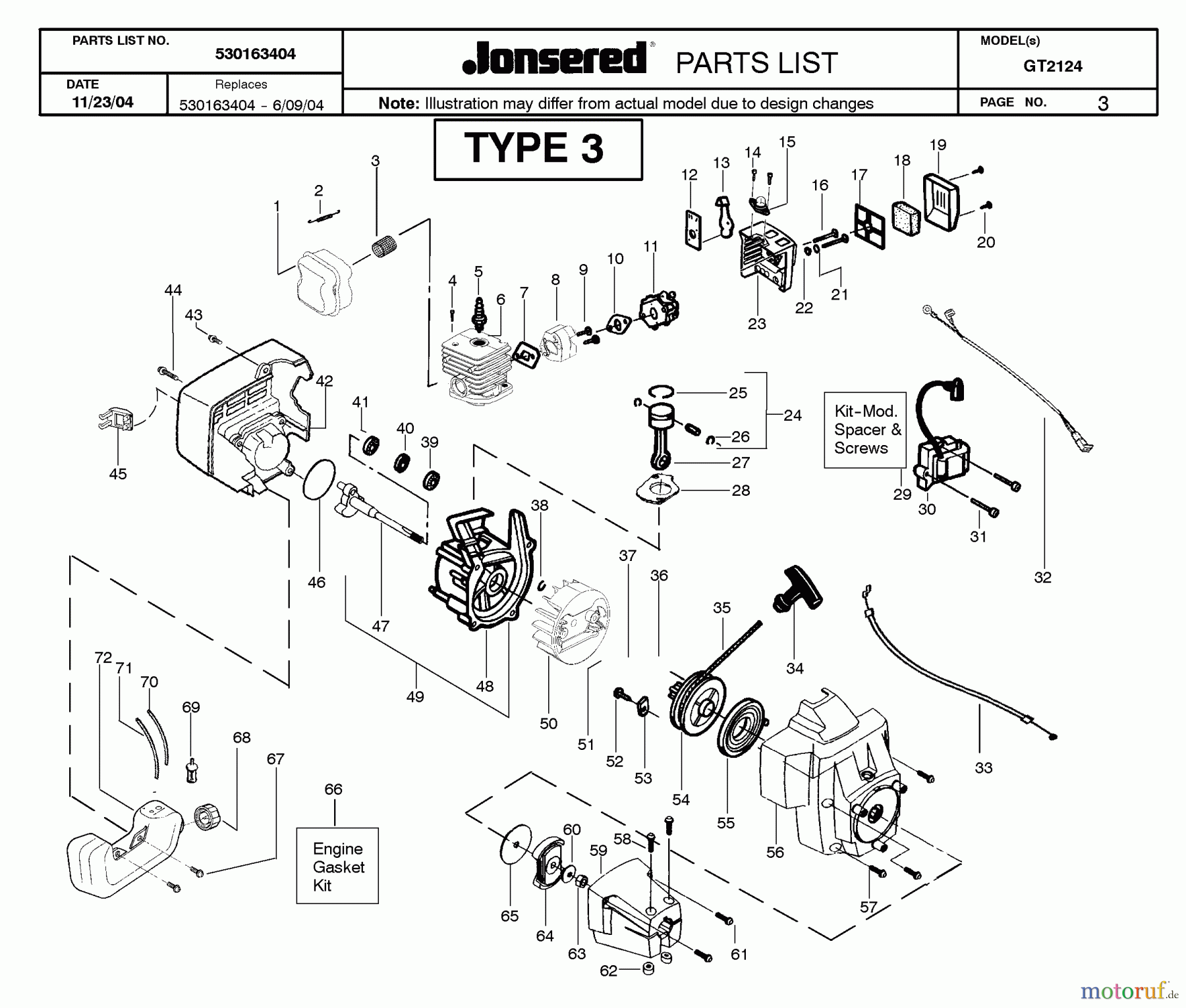 Jonsered Motorsensen, Trimmer GT2124 - Jonsered String/Brush Trimmer (2005-02) ENGINE #1