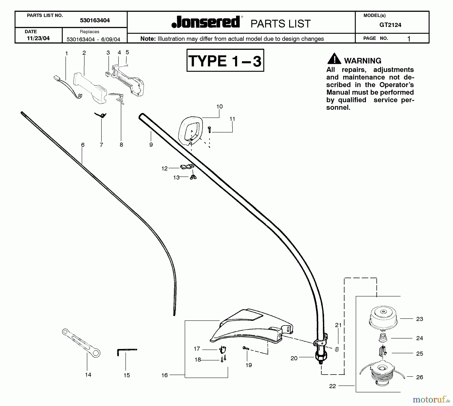 Jonsered Motorsensen, Trimmer GT2124 - Jonsered String/Brush Trimmer (2005-02) SHAFT HANDLE