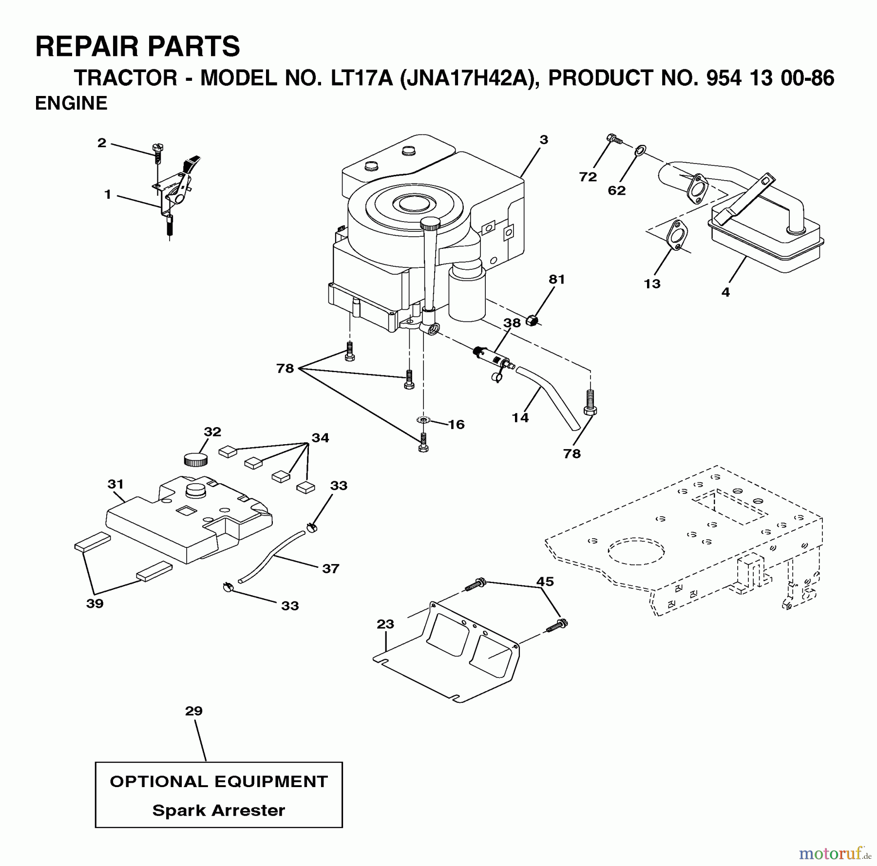 Jonsered Rasen und Garten Traktoren LT17A (JNA17H42A, 954130086) - Jonsered Lawn & Garden Tractor (2003-01) ENGINE CUTTING EQUIPMENT