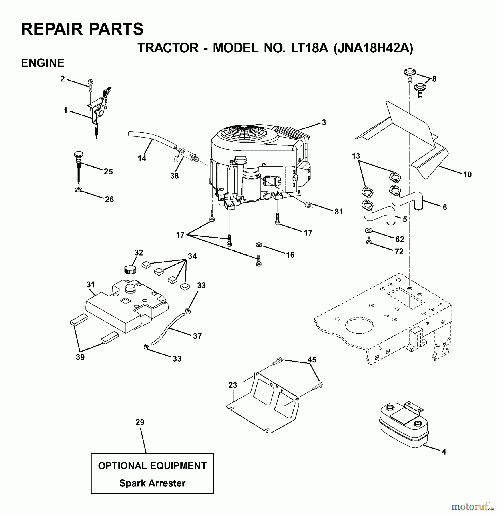  Jonsered Rasen  und Garten Traktoren LT18A (JNA18H42A) - Jonsered Lawn & Garden Tractor (2001-05) ENGINE CUTTING EQUIPMENT