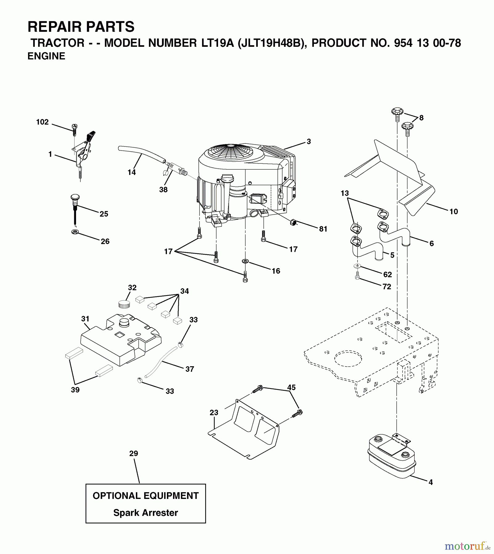 Jonsered Rasen und Garten Traktoren LT19A (JLT19H48B, 954130078) - Jonsered Lawn & Garden Tractor (2002-03) ENGINE