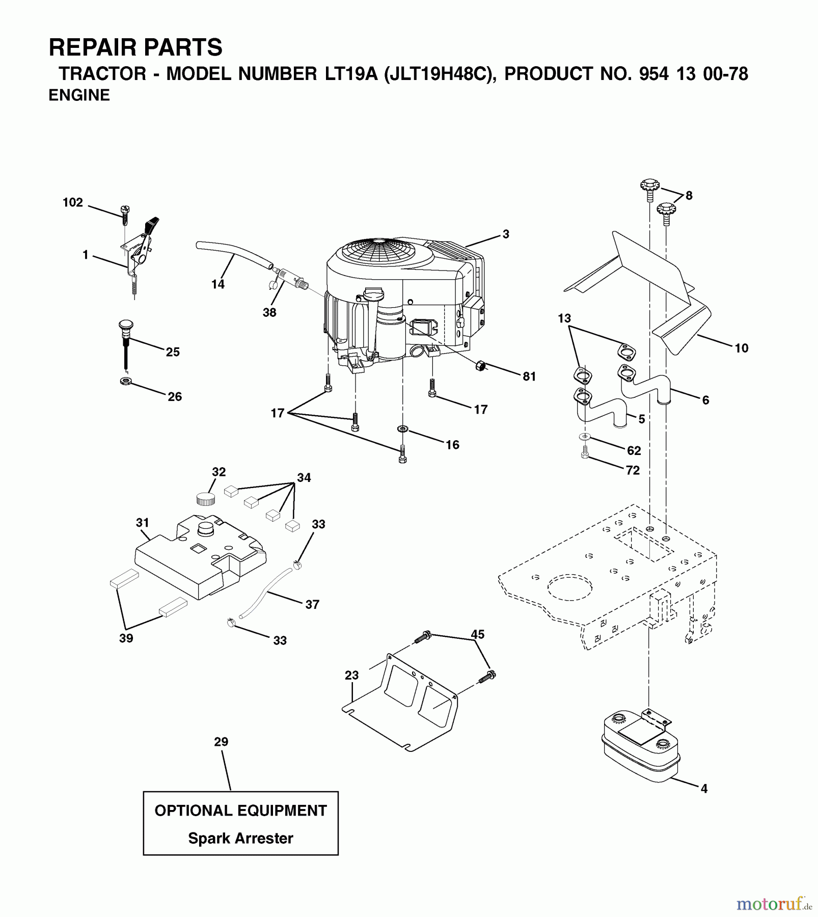 Jonsered Rasen und Garten Traktoren LT19A (JLT19H48C, 954130078) - Jonsered Lawn & Garden Tractor (2002-09) ENGINE