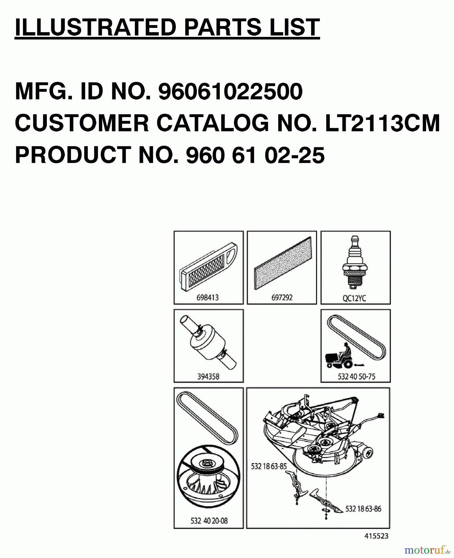 Jonsered Rasen und Garten Traktoren LT2113 CM (96061022500) - Jonsered Lawn & Garden Tractor (2007-10) FREQUENTLY USED PARTS