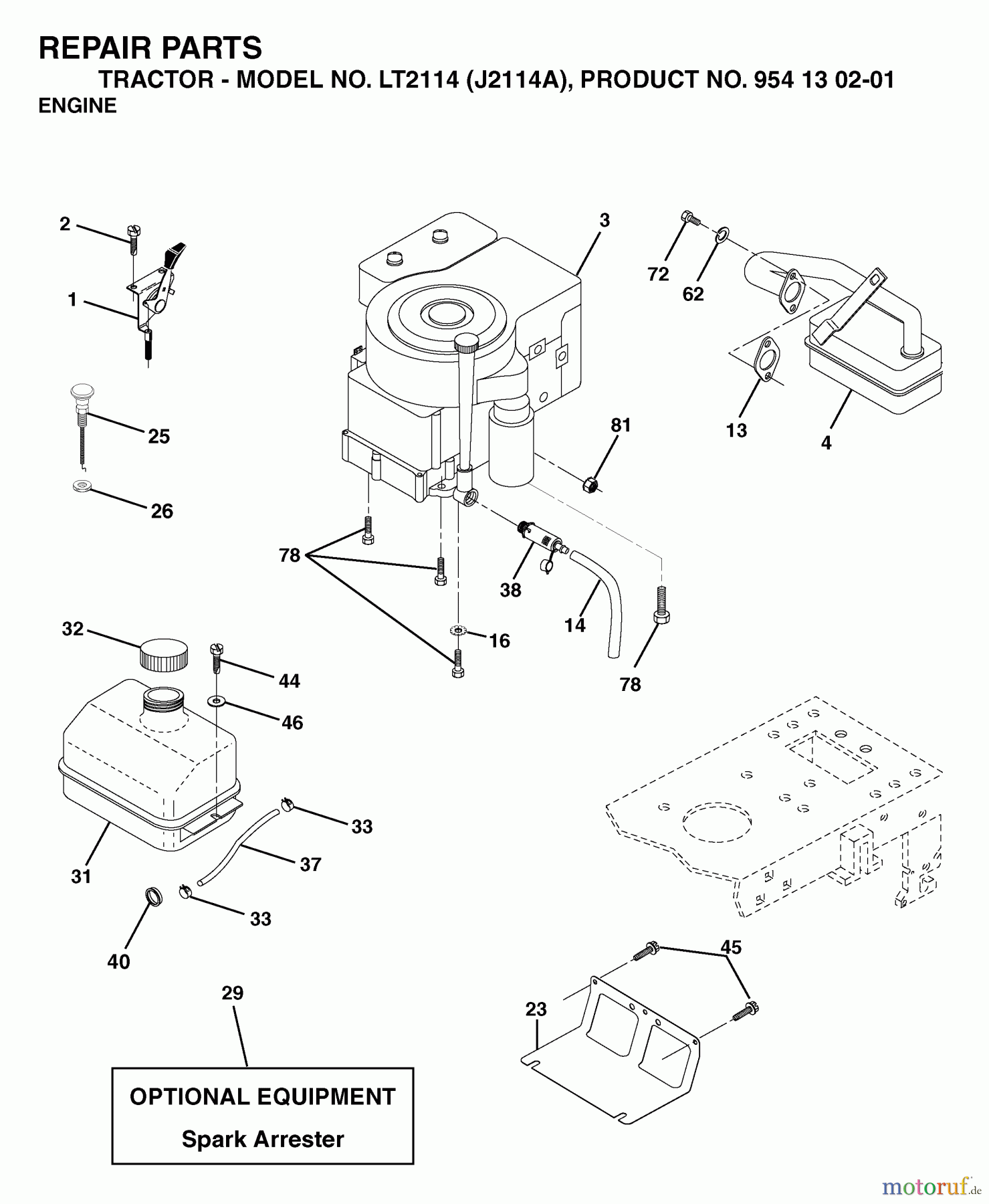  Jonsered Rasen  und Garten Traktoren LT2114 (J2114A, 954130201) - Jonsered Lawn & Garden Tractor (2003-01) ENGINE CUTTING EQUIPMENT