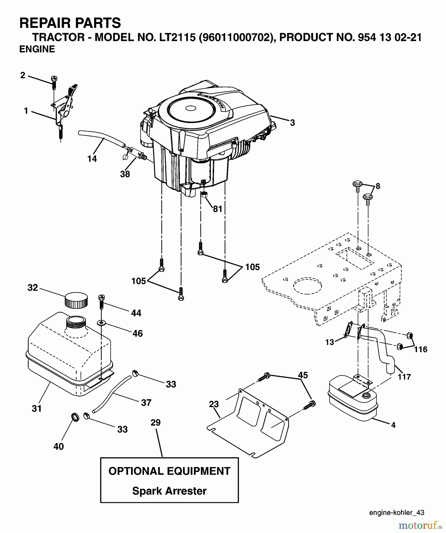 Jonsered Rasen und Garten Traktoren LT2115 (96011000702) - Jonsered Lawn & Garden Tractor (2005-05) ENGINE CUTTING EQUIPMENT