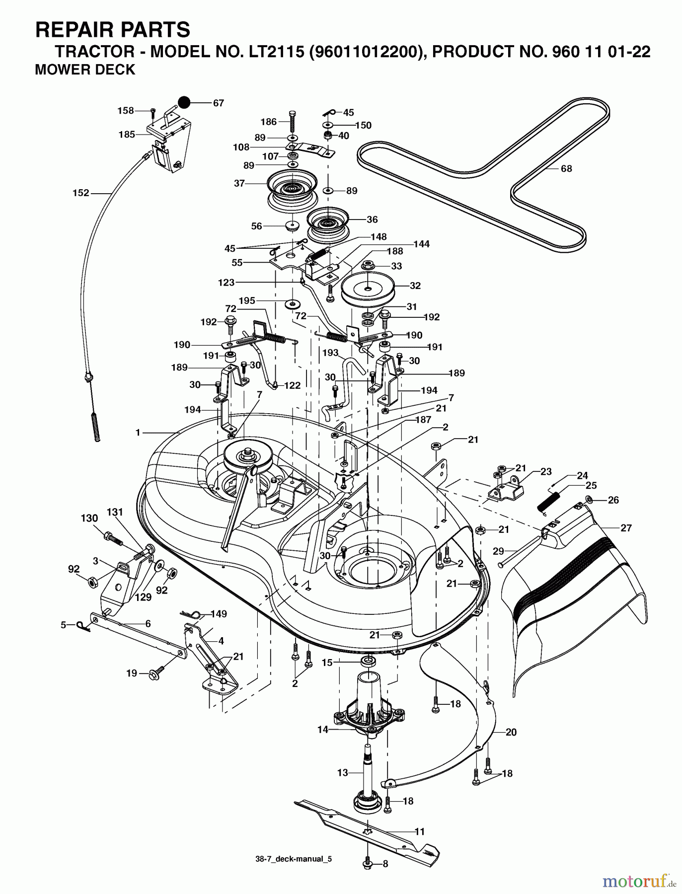 Jonsered Rasen und Garten Traktoren LT2115 (96011012200) - Jonsered Lawn & Garden Tractor (2006-01) MOWER DECK / CUTTING DECK