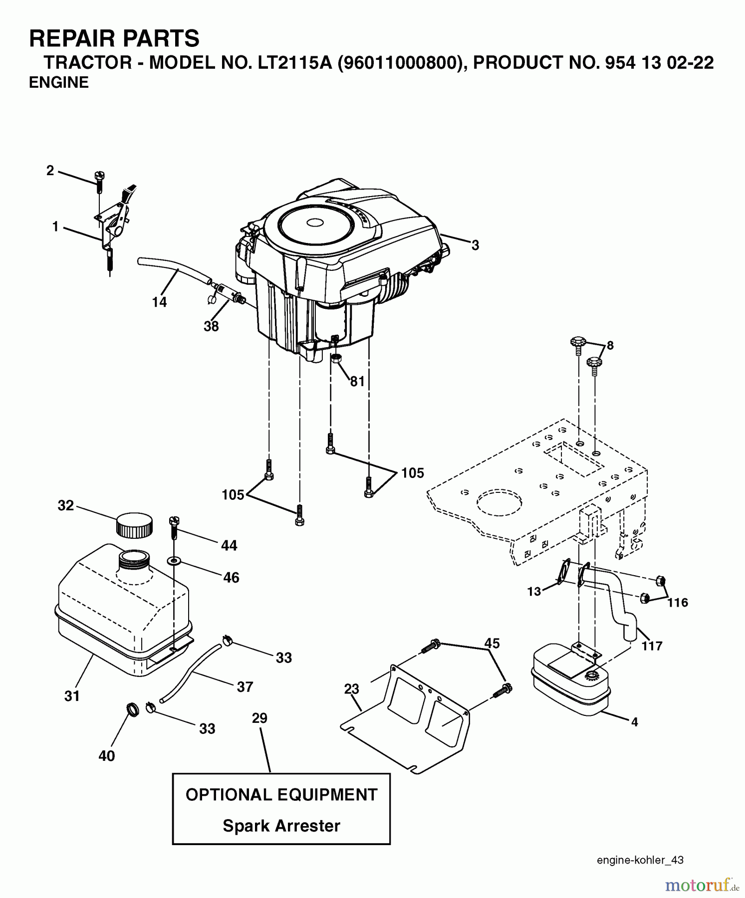 Jonsered Rasen und Garten Traktoren LT2115 A (96011000800) - Jonsered Lawn & Garden Tractor (2005-01) ENGINE CUTTING EQUIPMENT
