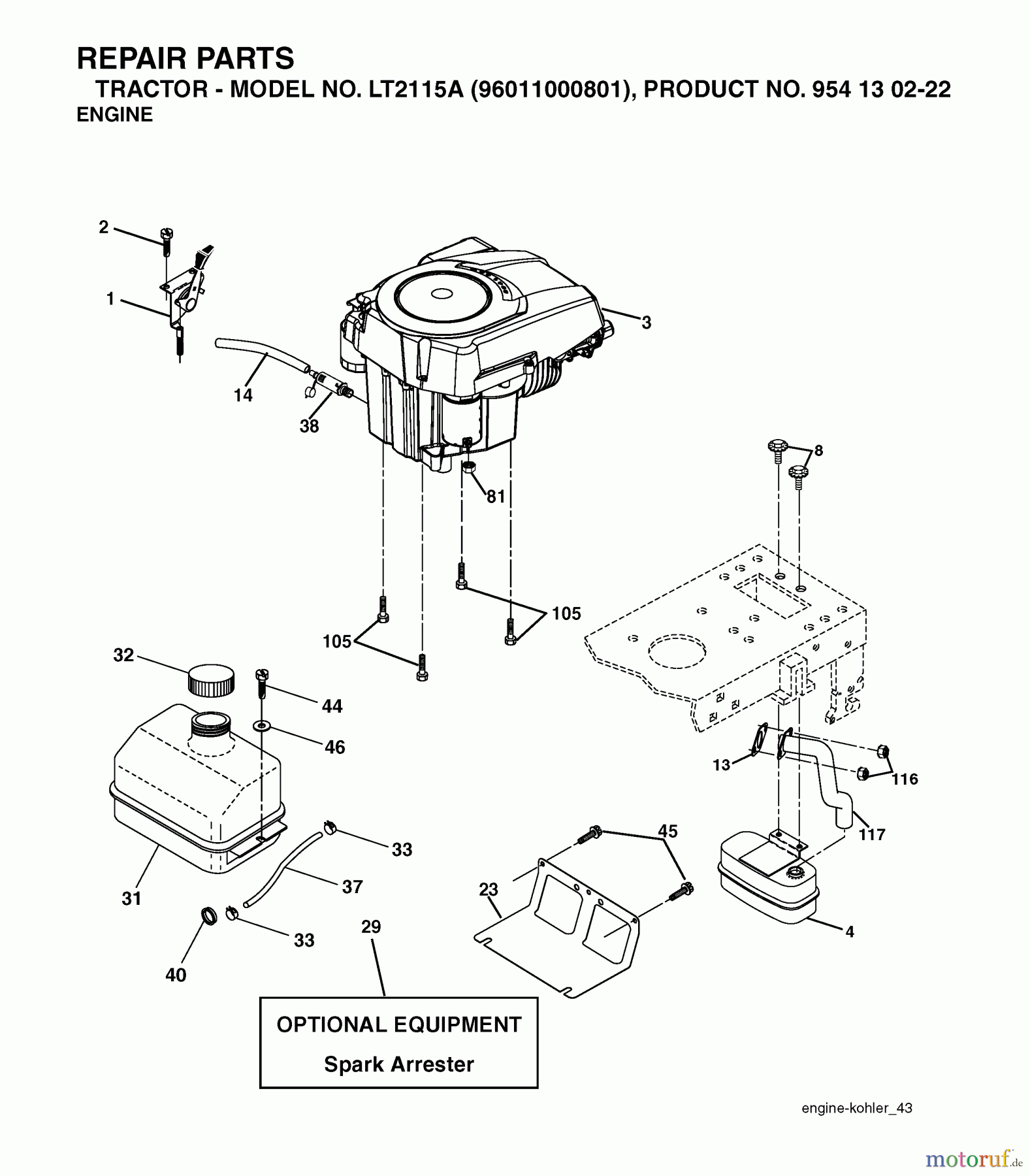  Jonsered Rasen  und Garten Traktoren LT2115 A (96011000801) - Jonsered Lawn & Garden Tractor (2005-05) ENGINE