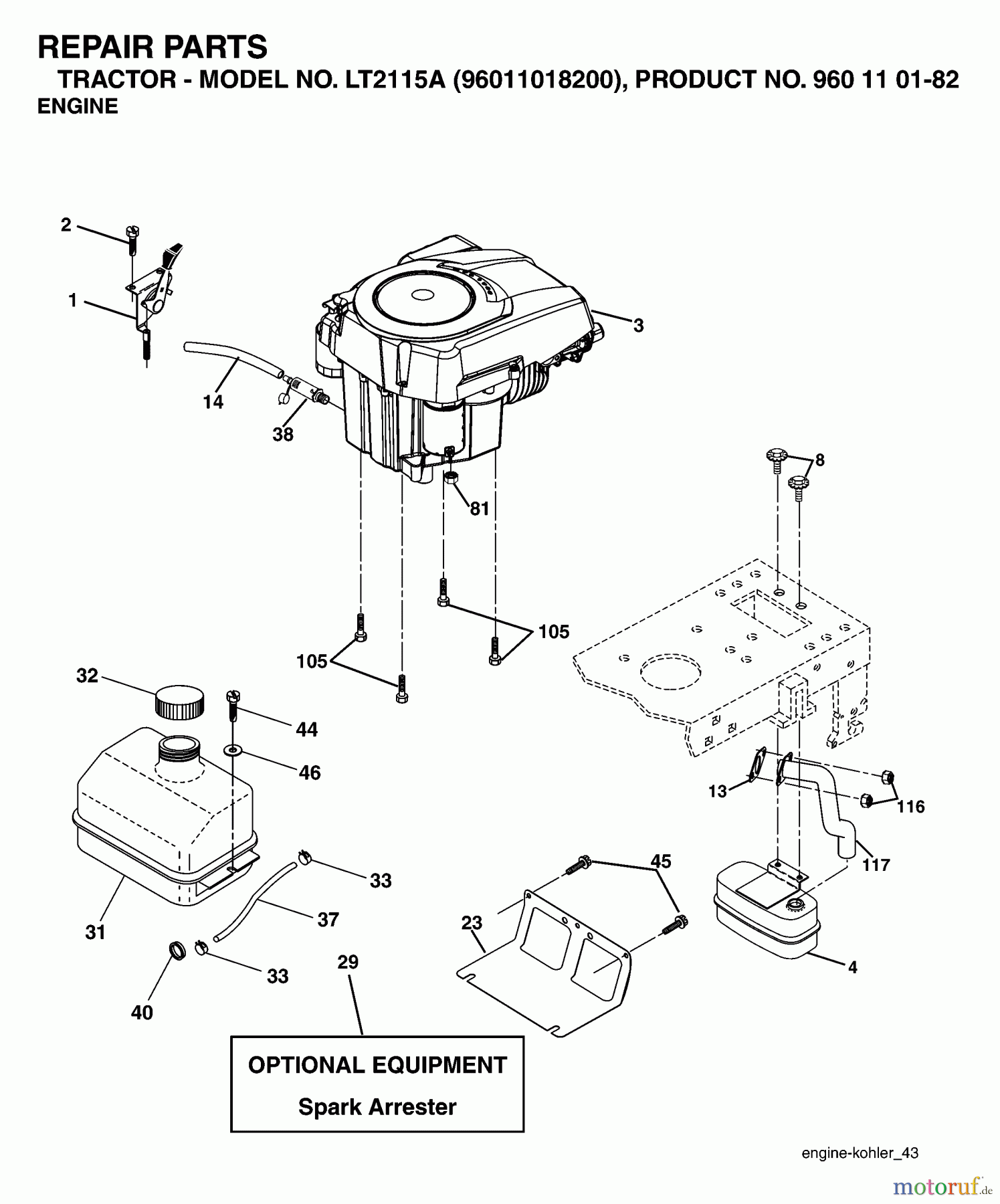 Jonsered Rasen und Garten Traktoren LT2115 A (96011018200) - Jonsered Lawn & Garden Tractor (2006-03) ENGINE CUTTING EQUIPMENT