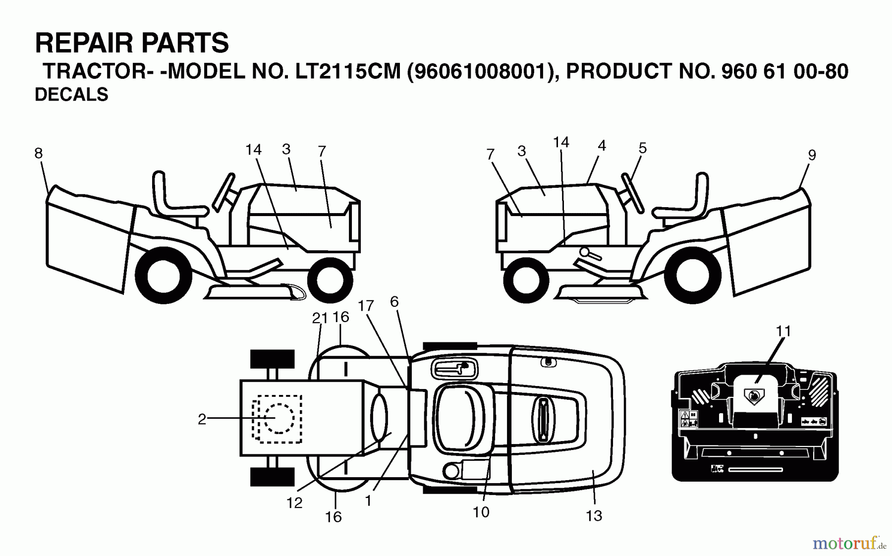  Jonsered Rasen  und Garten Traktoren LT2115 CM (96061008001) - Jonsered Lawn & Garden Tractor (2006-04) DECALS