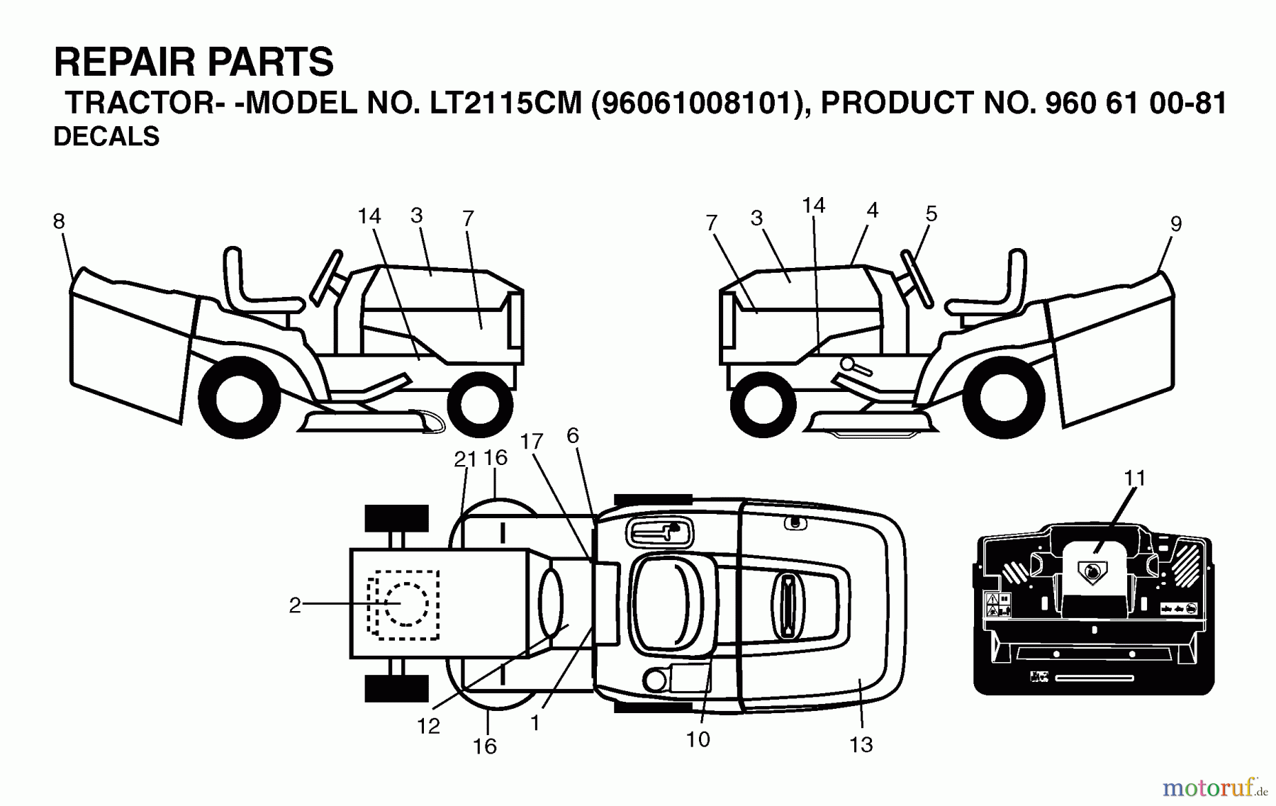 Jonsered Rasen und Garten Traktoren LT2115 CM (96061008101) - Jonsered Lawn & Garden Tractor (2006-05) DECALS