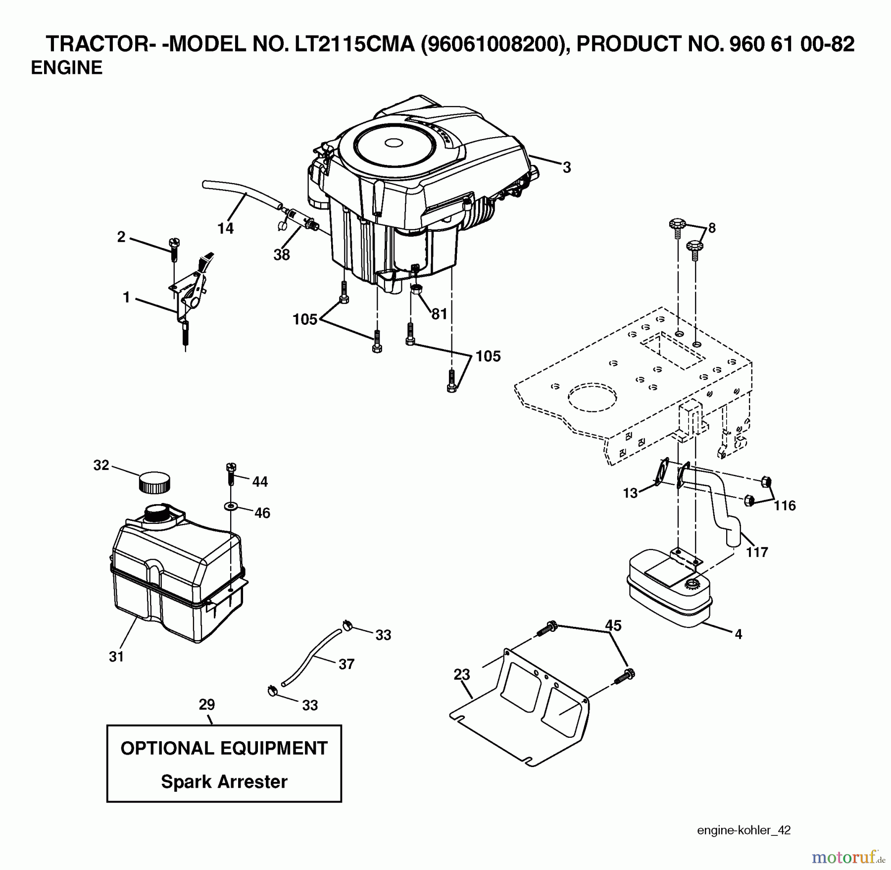Jonsered Rasen und Garten Traktoren LT2115 CMA (96061008200) - Jonsered Lawn & Garden Tractor (2006-05) ENGINE CUTTING EQUIPMENT
