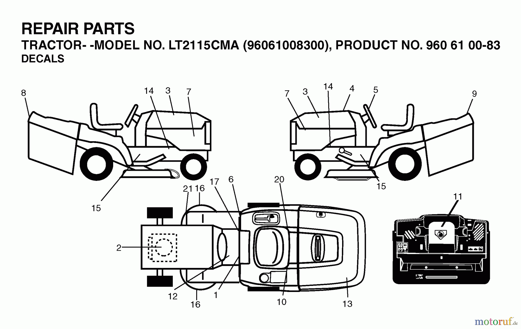 Jonsered Rasen und Garten Traktoren LT2115 CMA (96061008300) - Jonsered Lawn & Garden Tractor (2006-04) DECALS