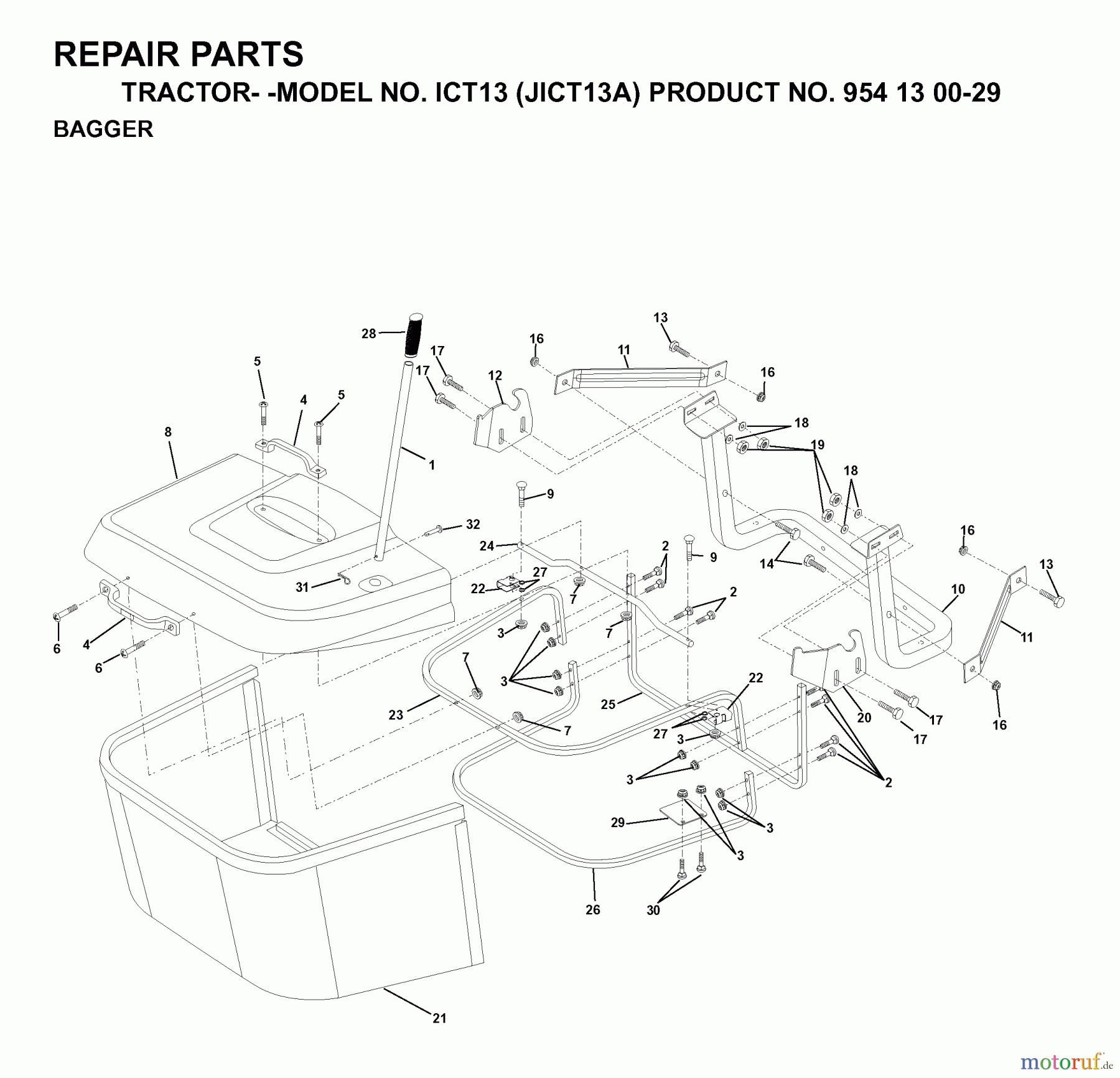  Jonsered Rasen  und Garten Traktoren ICT13 (JICT13A, 954130029) - Jonsered Lawn & Garden Tractor (1999-03) BAGGER
