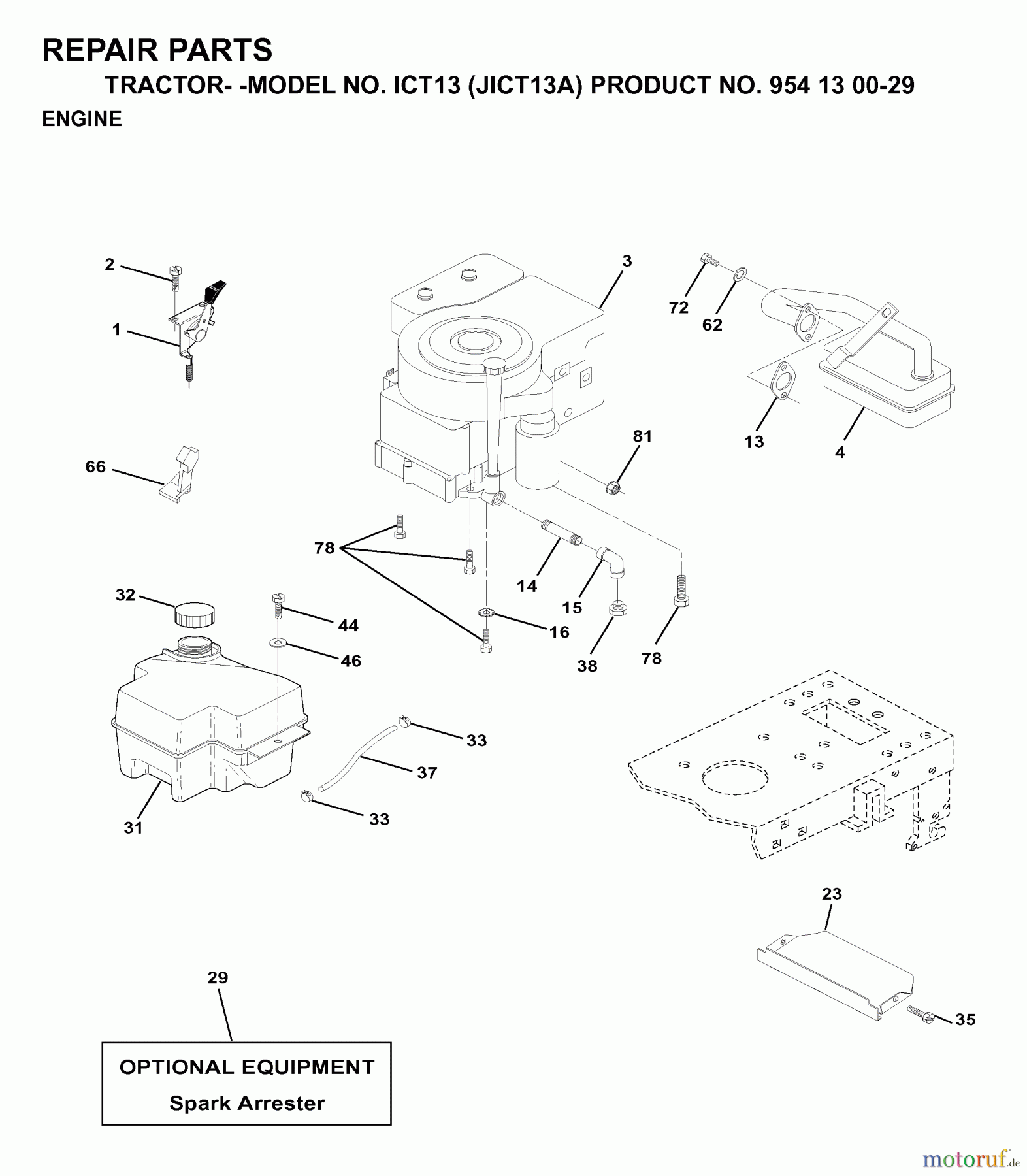 Jonsered Rasen und Garten Traktoren ICT13 (JICT13A, 954130029) - Jonsered Lawn & Garden Tractor (1999-03) ENGINE CUTTING EQUIPMENT