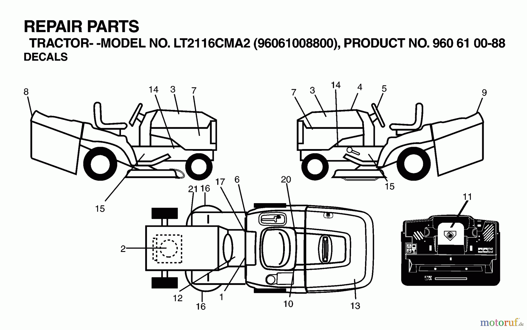  Jonsered Rasen  und Garten Traktoren LT2116 CMA2 (96061008800) - Jonsered Lawn & Garden Tractor (2006-02) DECALS