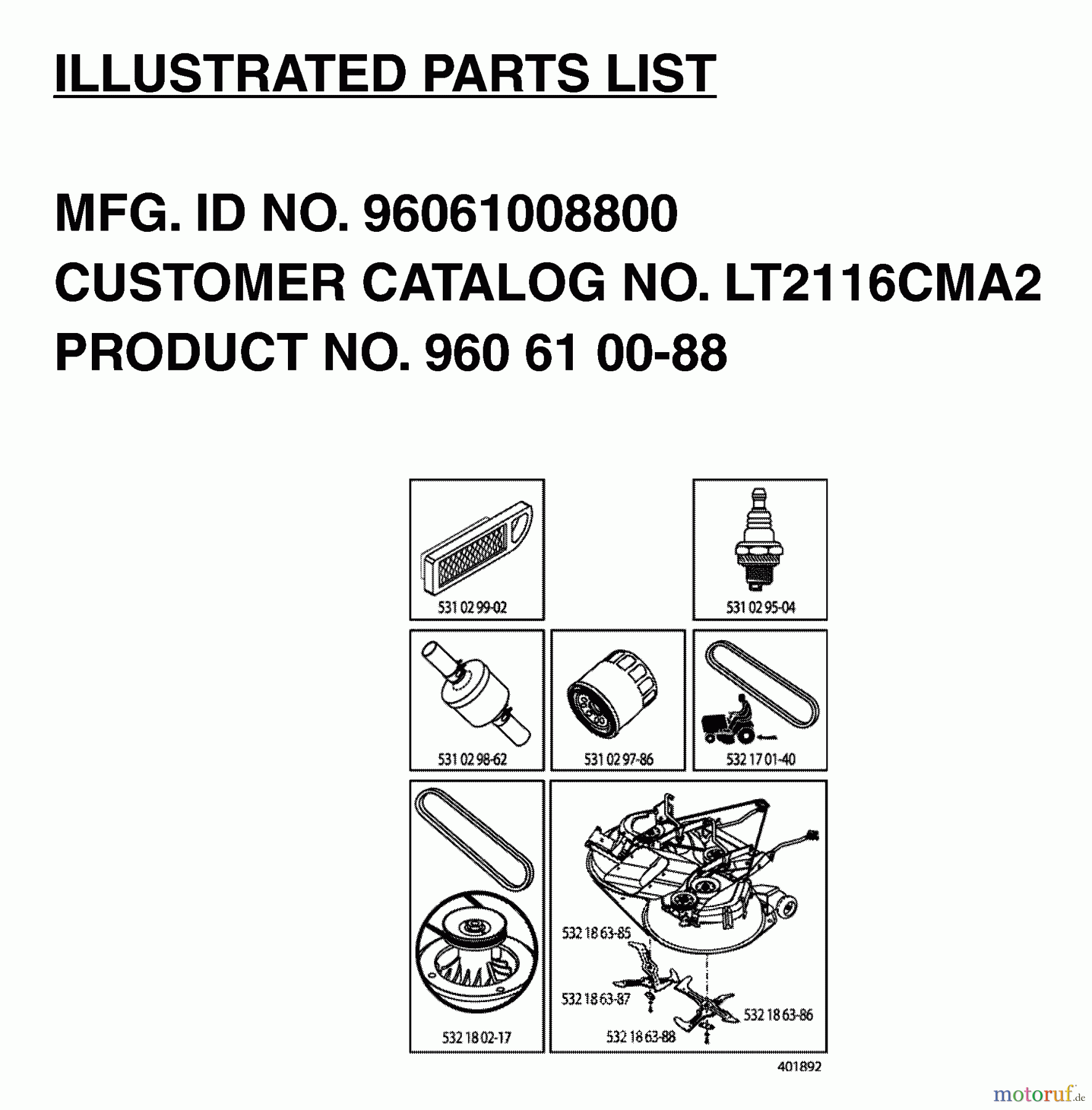  Jonsered Rasen  und Garten Traktoren LT2116 CMA2 (96061008800) - Jonsered Lawn & Garden Tractor (2006-02) FREQUENTLY USED PARTS