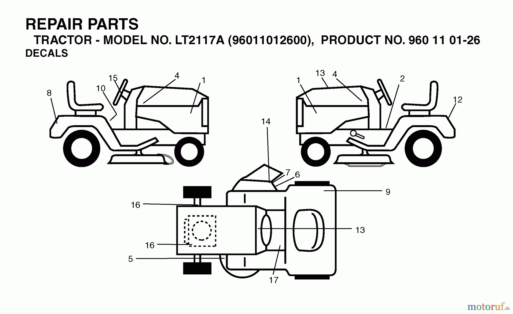 Jonsered Rasen und Garten Traktoren LT2117 A (96011012600) - Jonsered Lawn & Garden Tractor (2006-01) DECALS