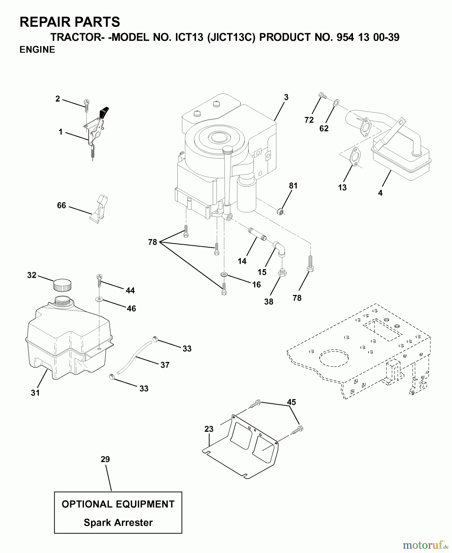 Jonsered Rasen und Garten Traktoren ICT13 (JICT13C, 954130039) - Jonsered Lawn & Garden Tractor (2000-04) ENGINE CUTTING EQUIPMENT